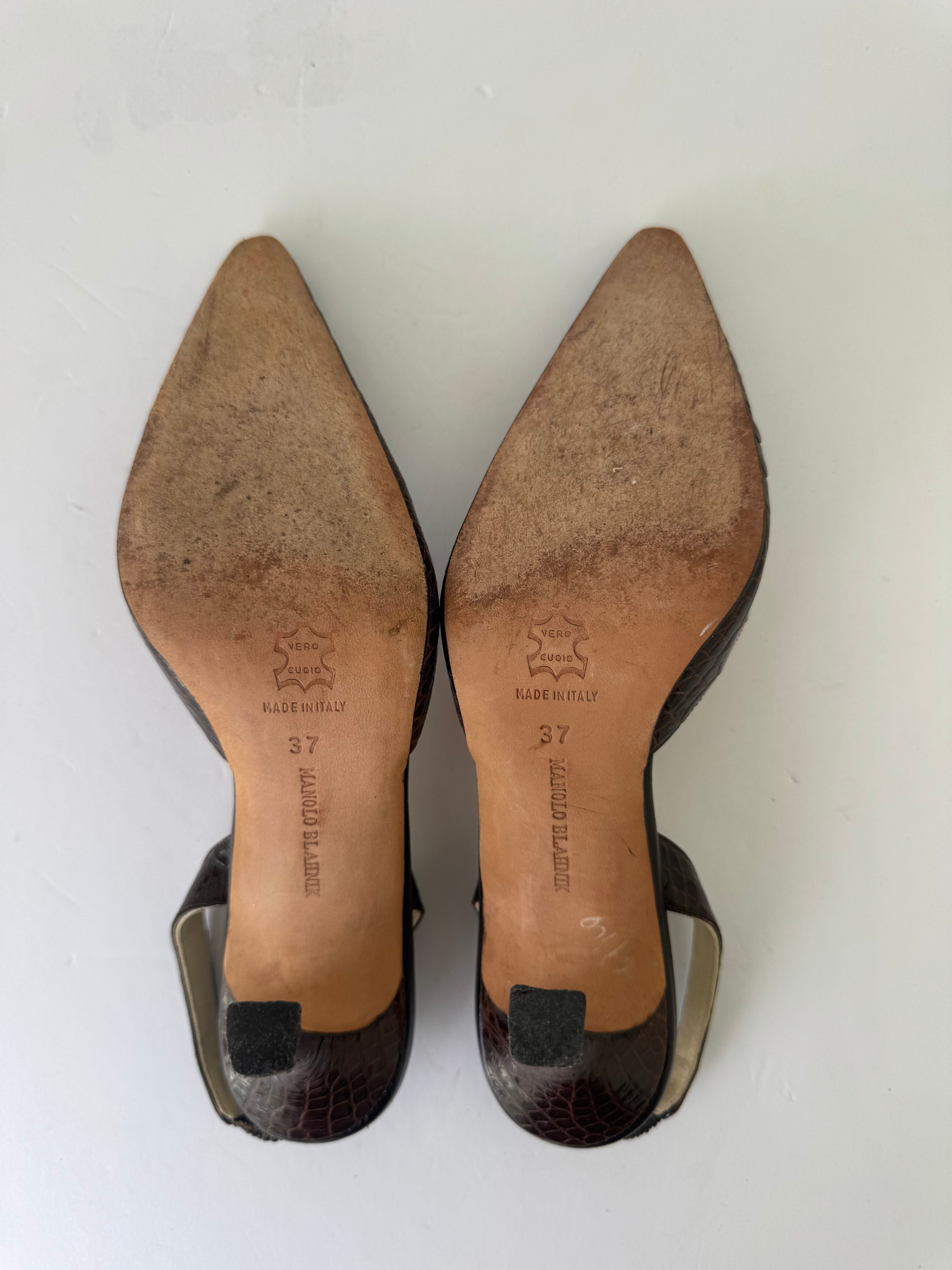 Manolo Blahnik Croc Embossed Slingbacks 37