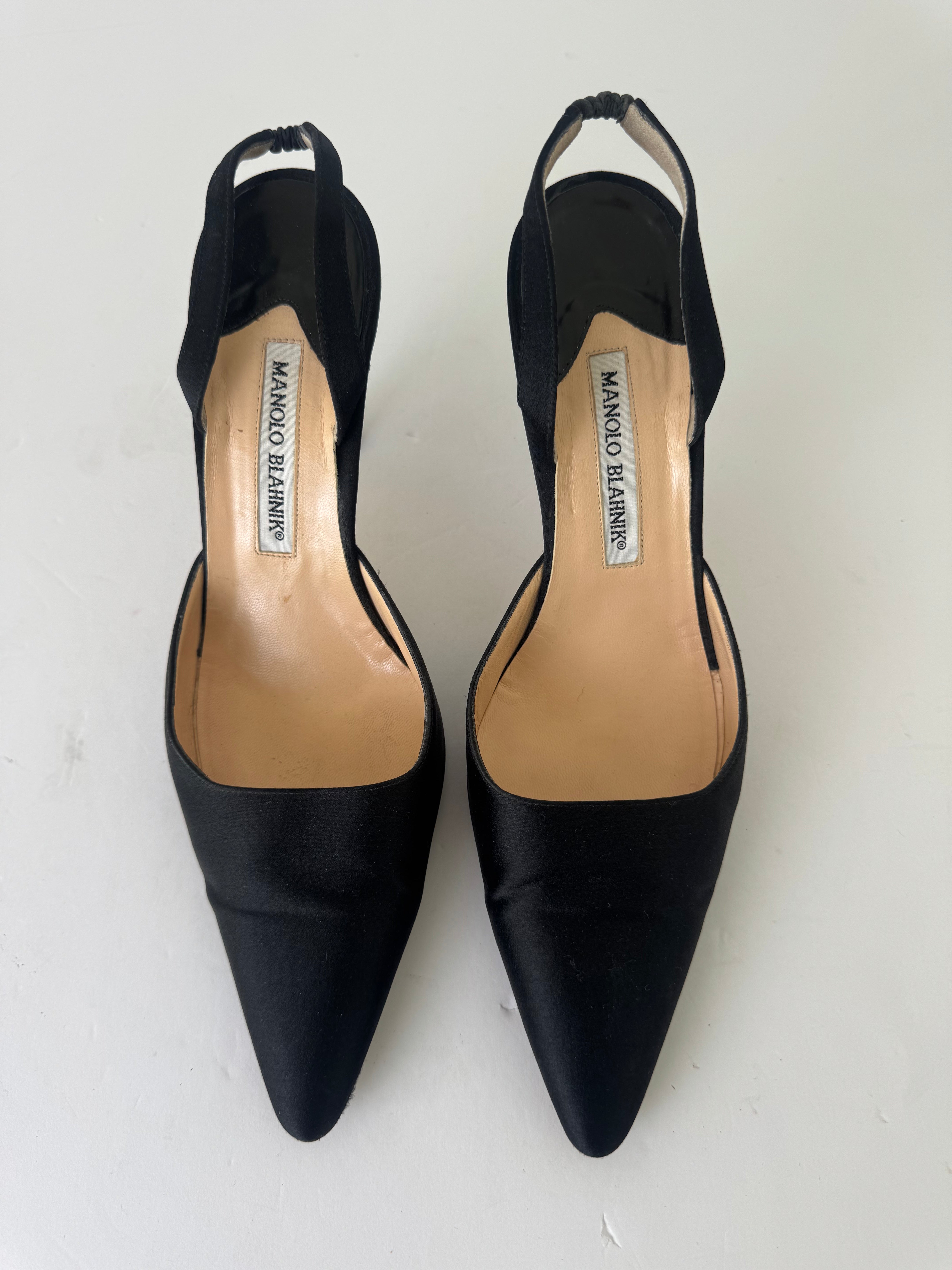 Manolo Blahnik Black Satin Slingbacks 38.5
