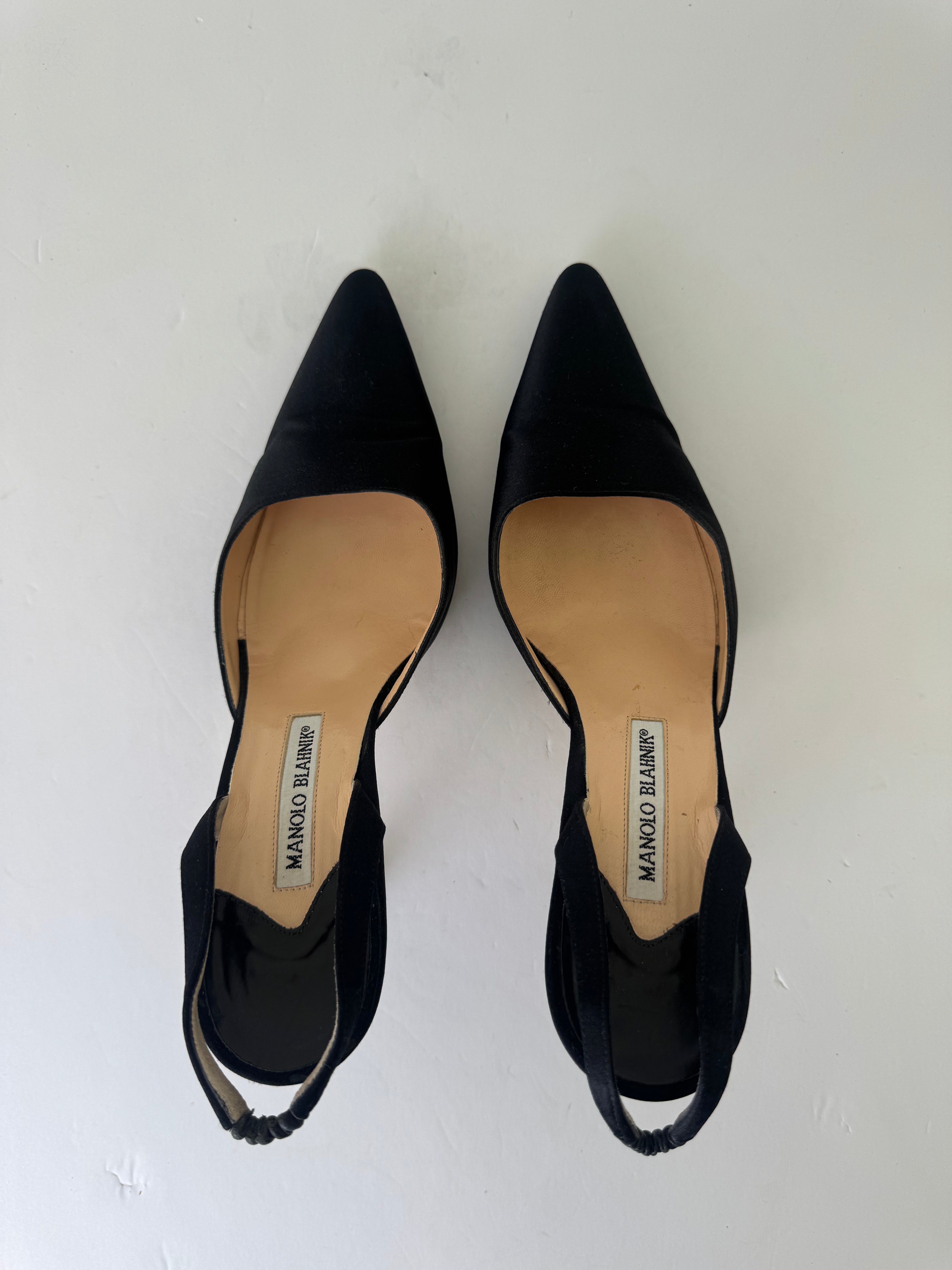 Manolo Blahnik Black Satin Slingbacks 38.5