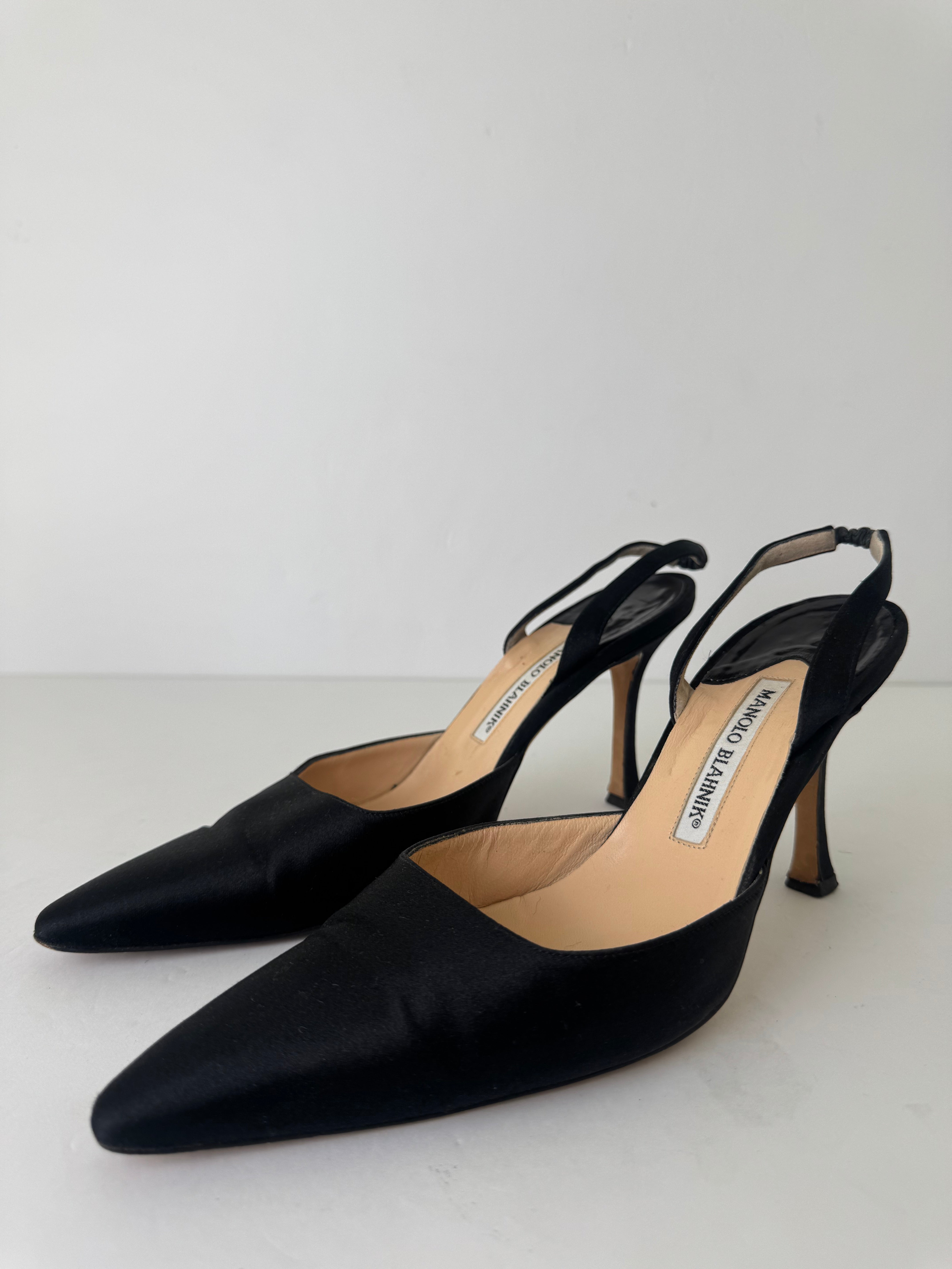 Manolo Blahnik Black Satin Slingbacks 38.5