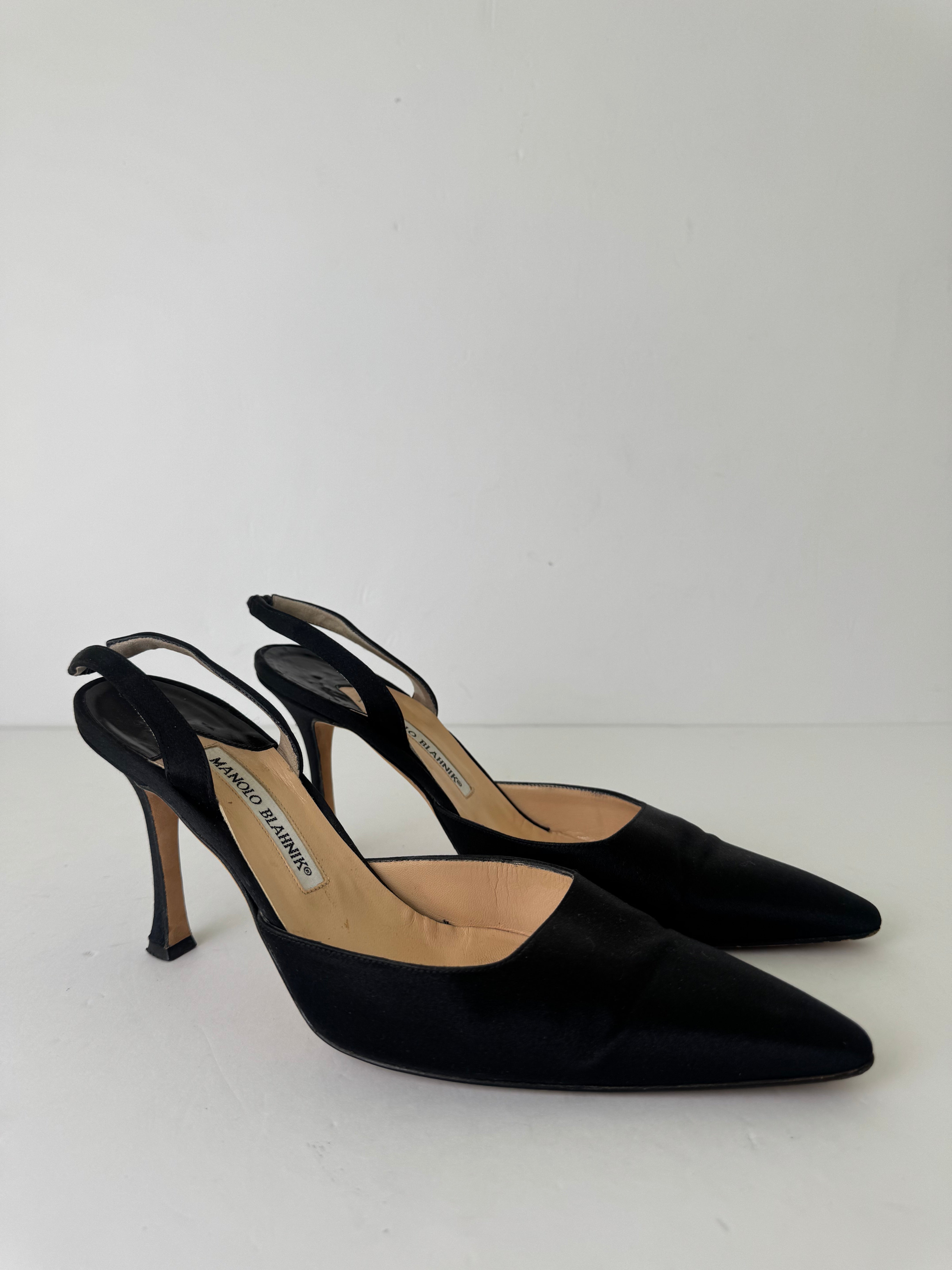Manolo Blahnik Black Satin Slingbacks 38.5