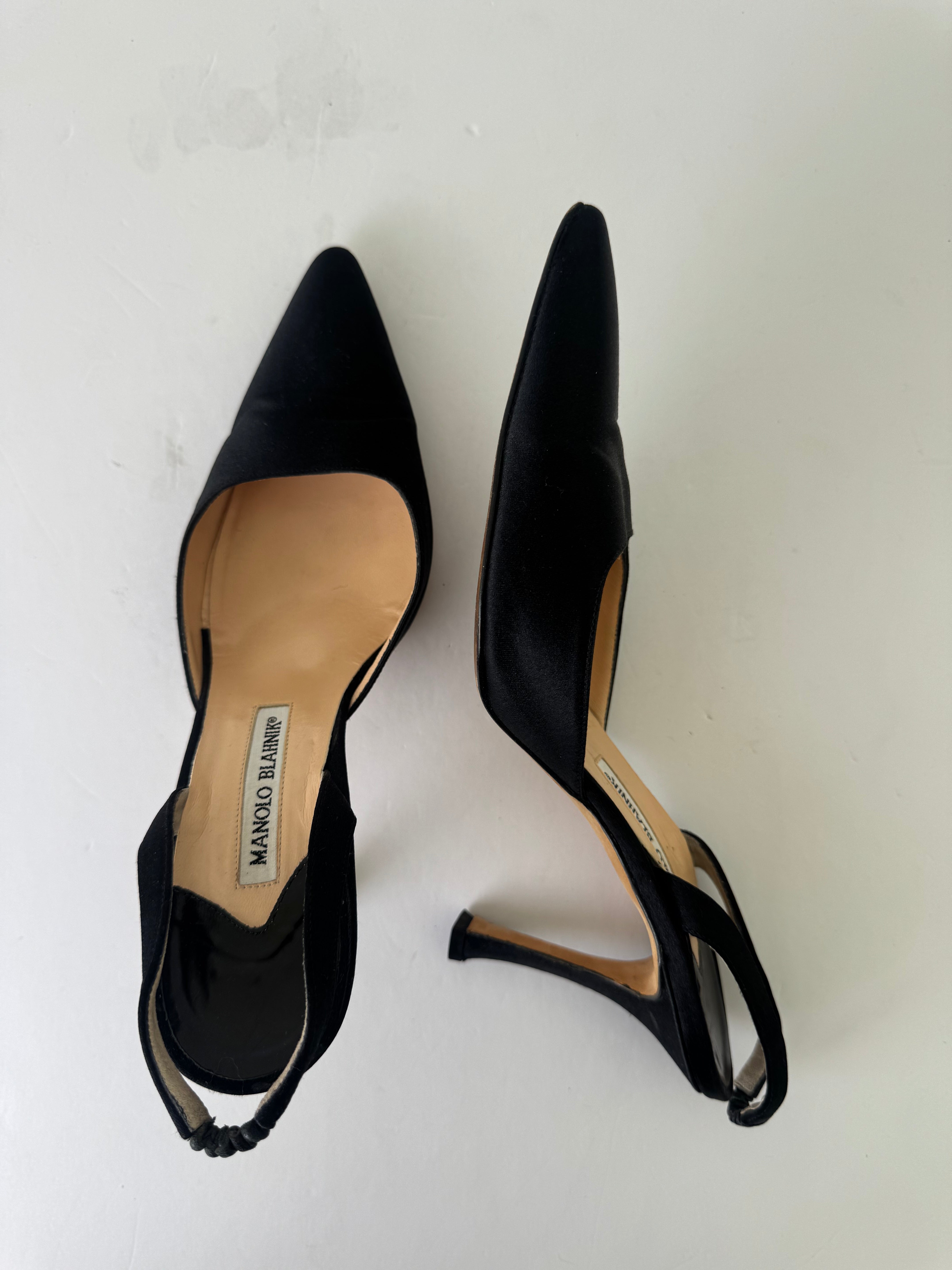 Manolo Blahnik Black Satin Slingbacks 38.5