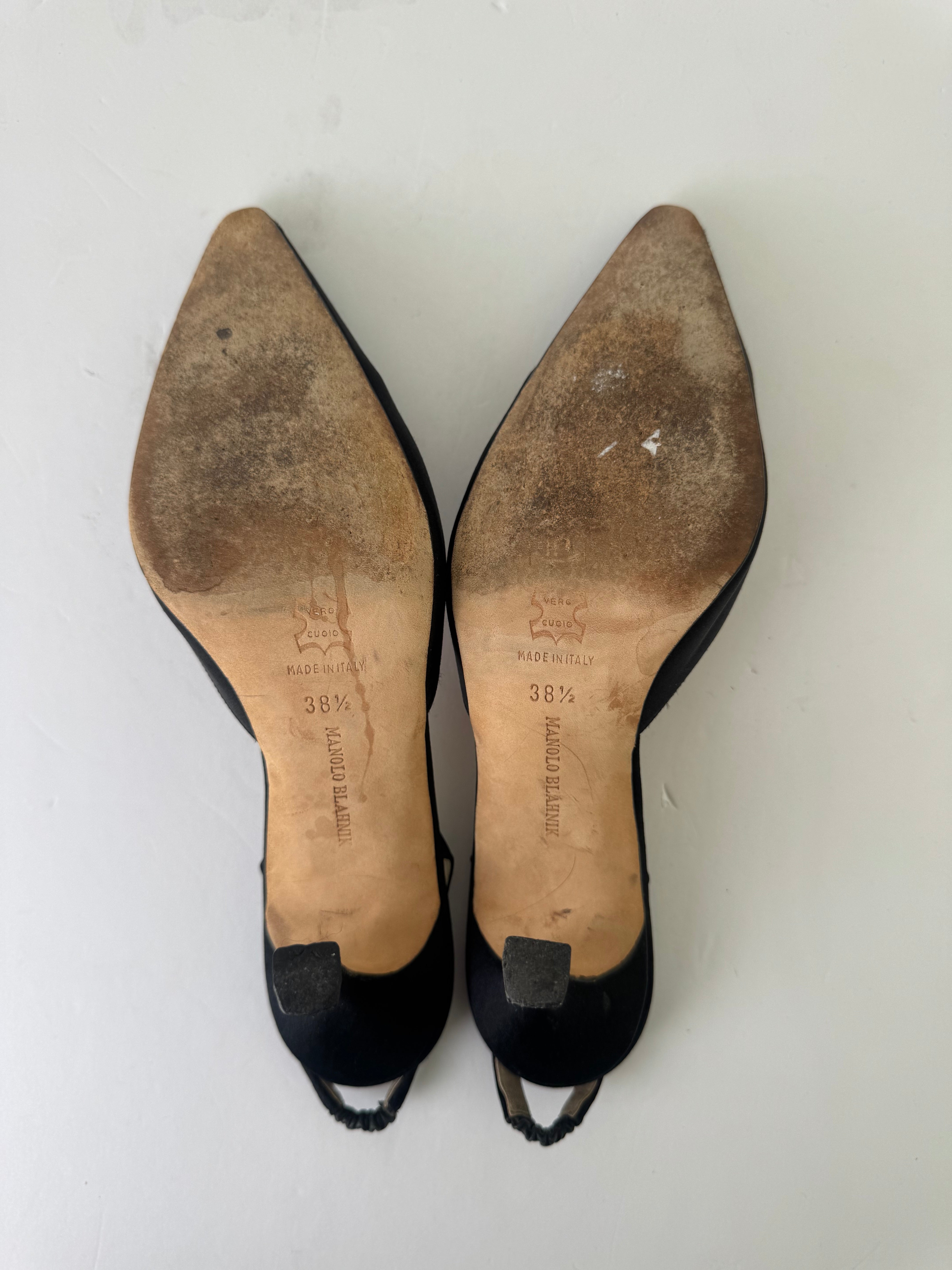Manolo Blahnik Black Satin Slingbacks 38.5