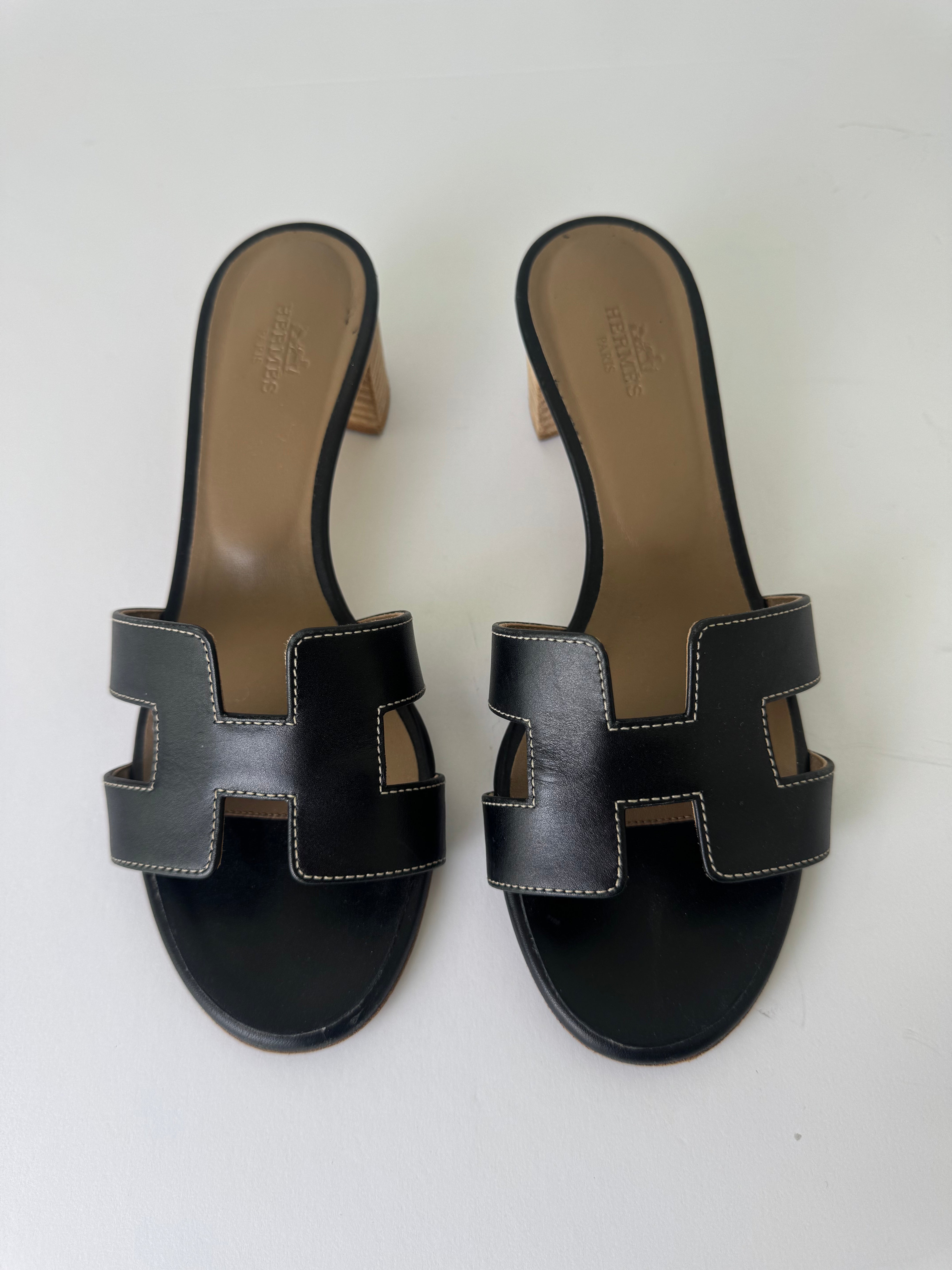 Hermes Oran Black Leather Wedges 36.5