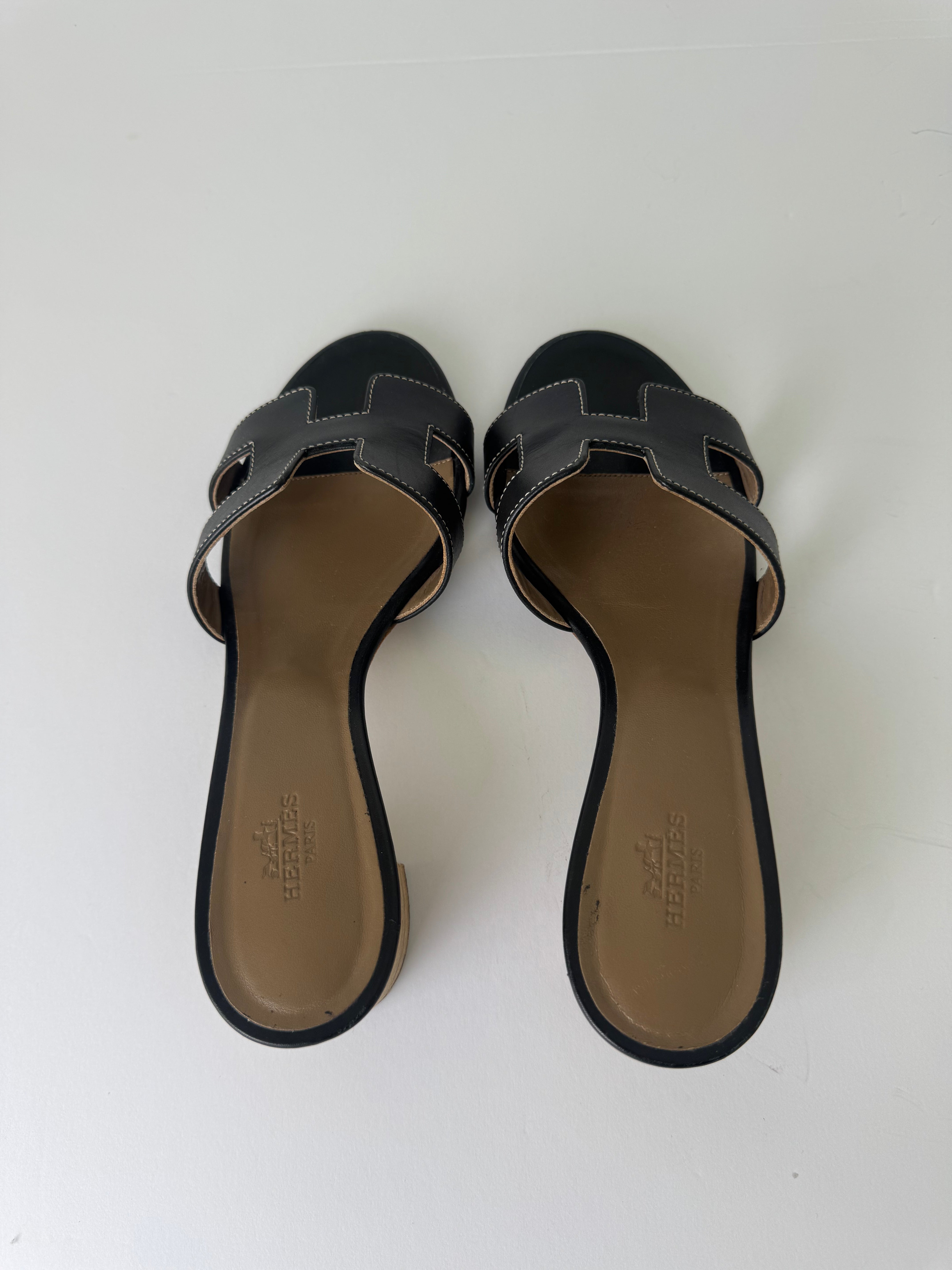 Hermes Oran Black Leather Wedges 36.5