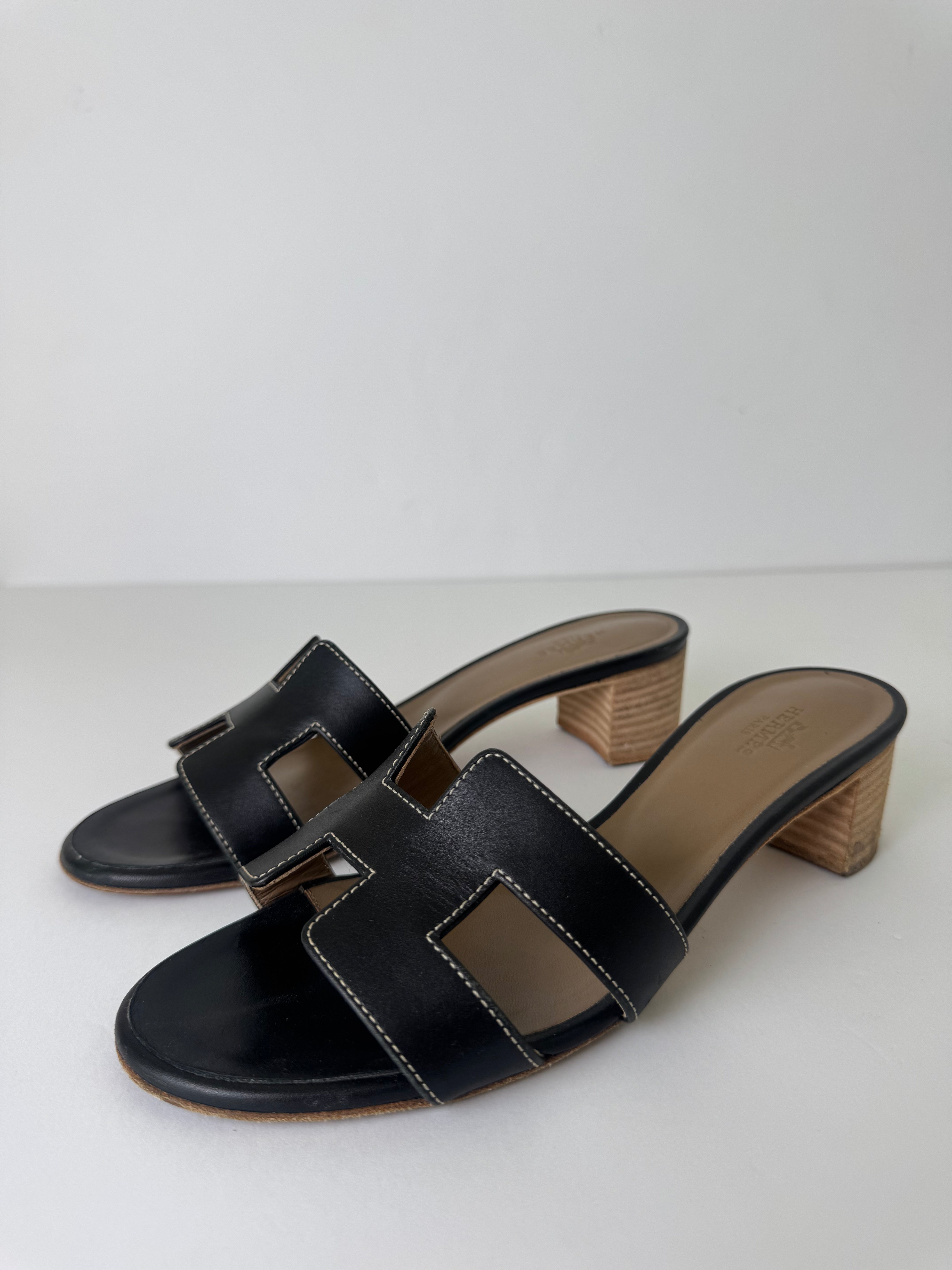Hermes Oran Black Leather Wedges 36.5