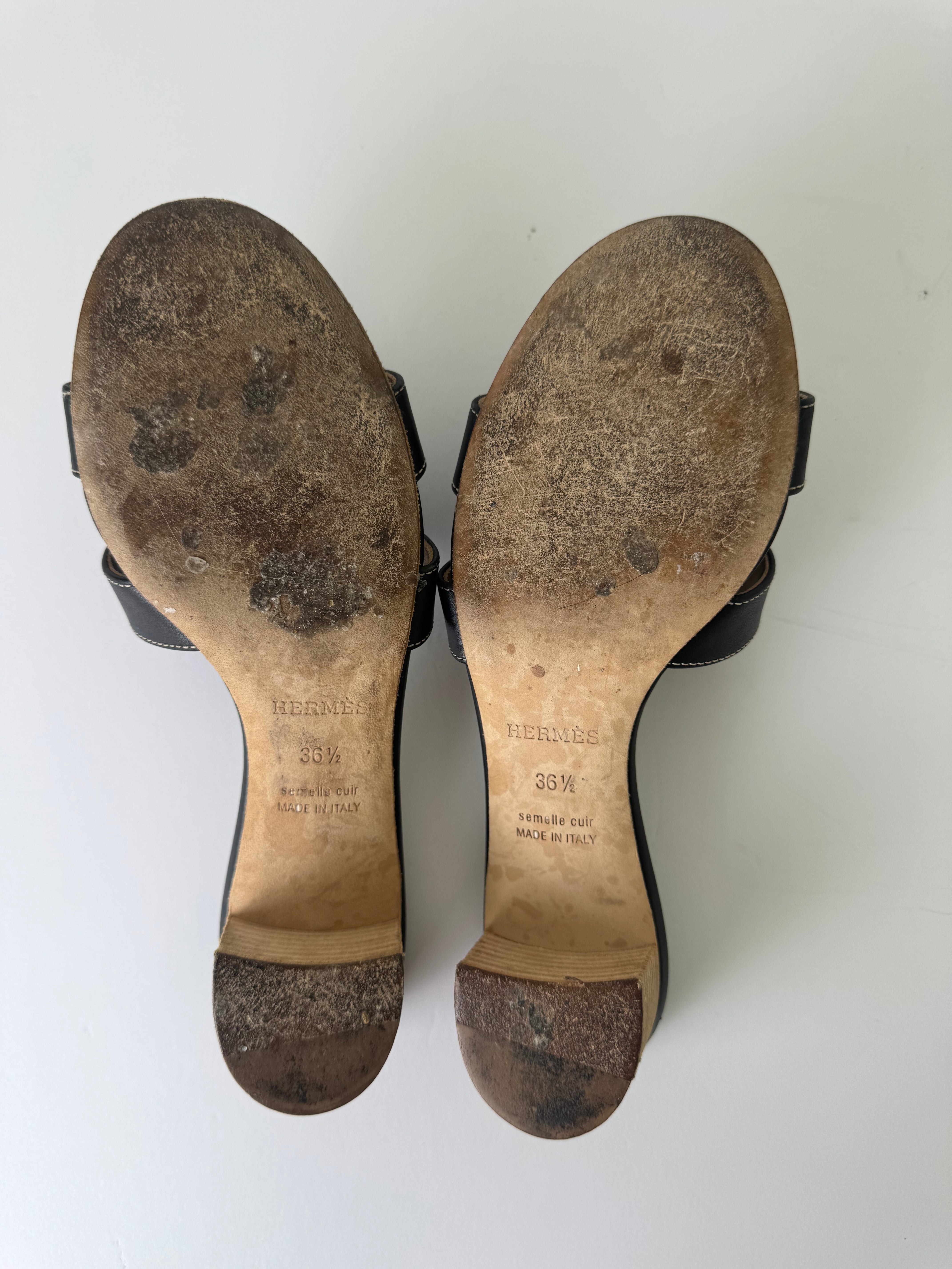 Hermes Oran Black Leather Wedges 36.5
