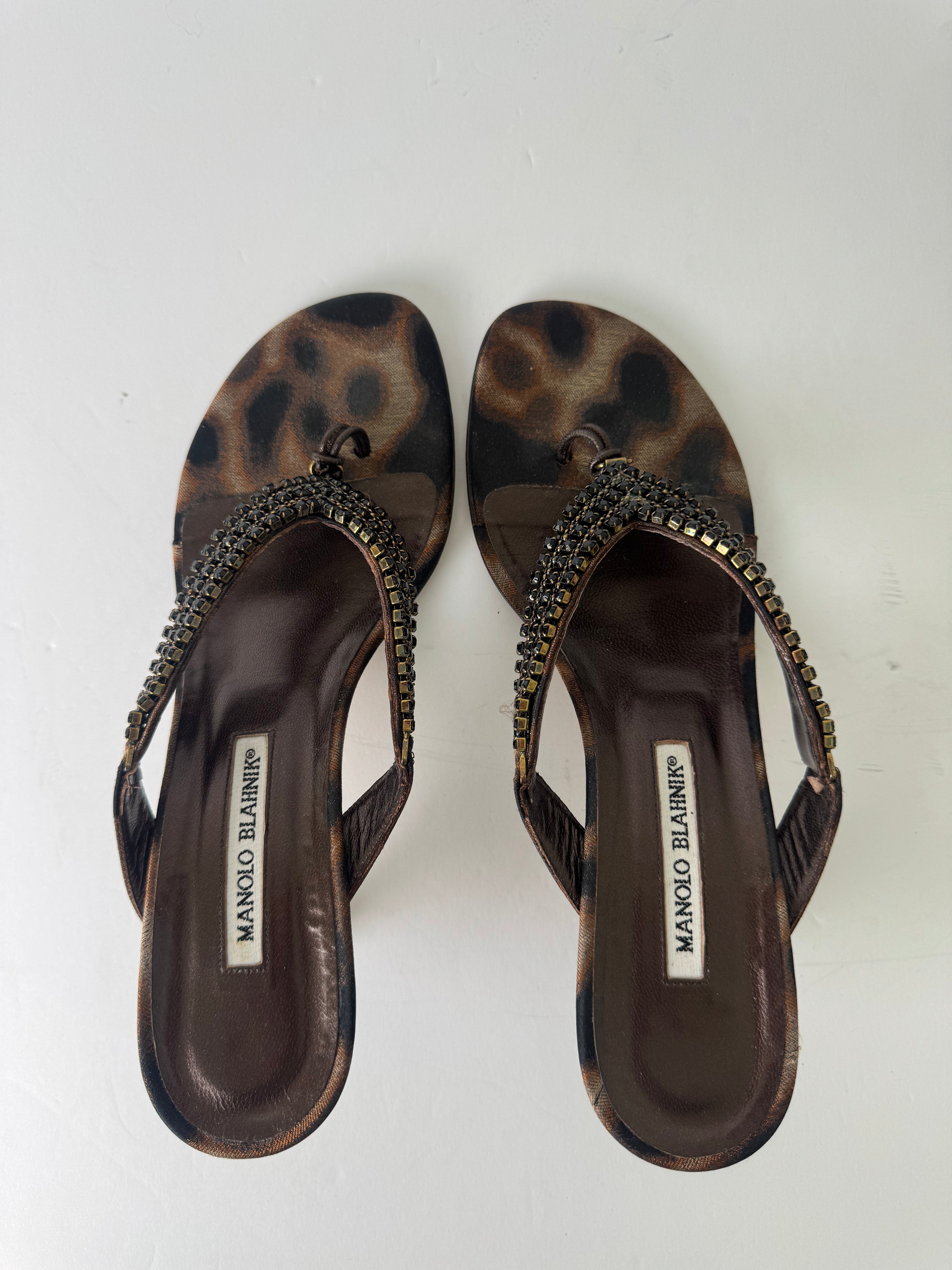 Manolo Blahnik Leopard Beaded Sandal Heels 40