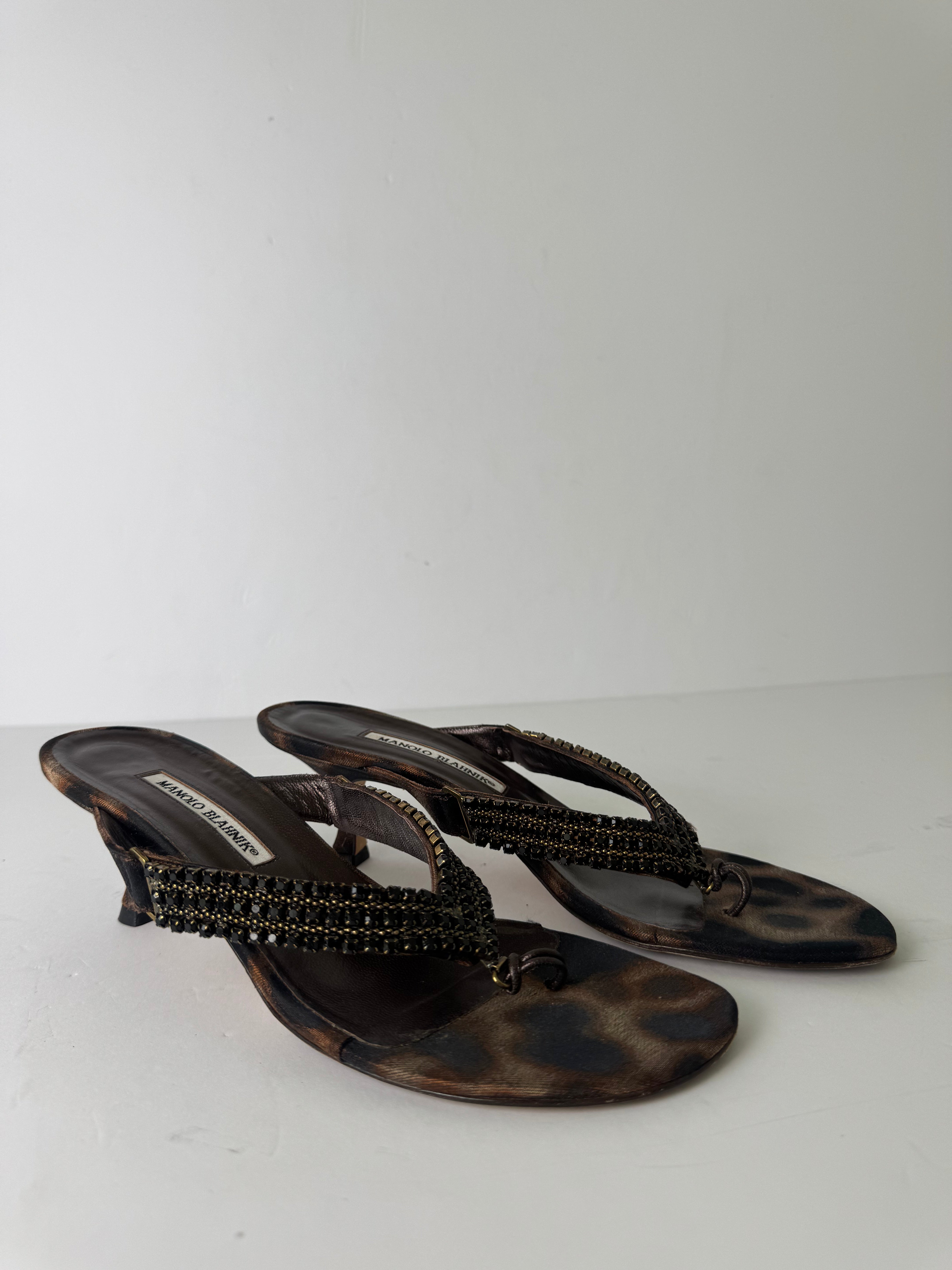 Manolo Blahnik Leopard Beaded Sandal Heels 40