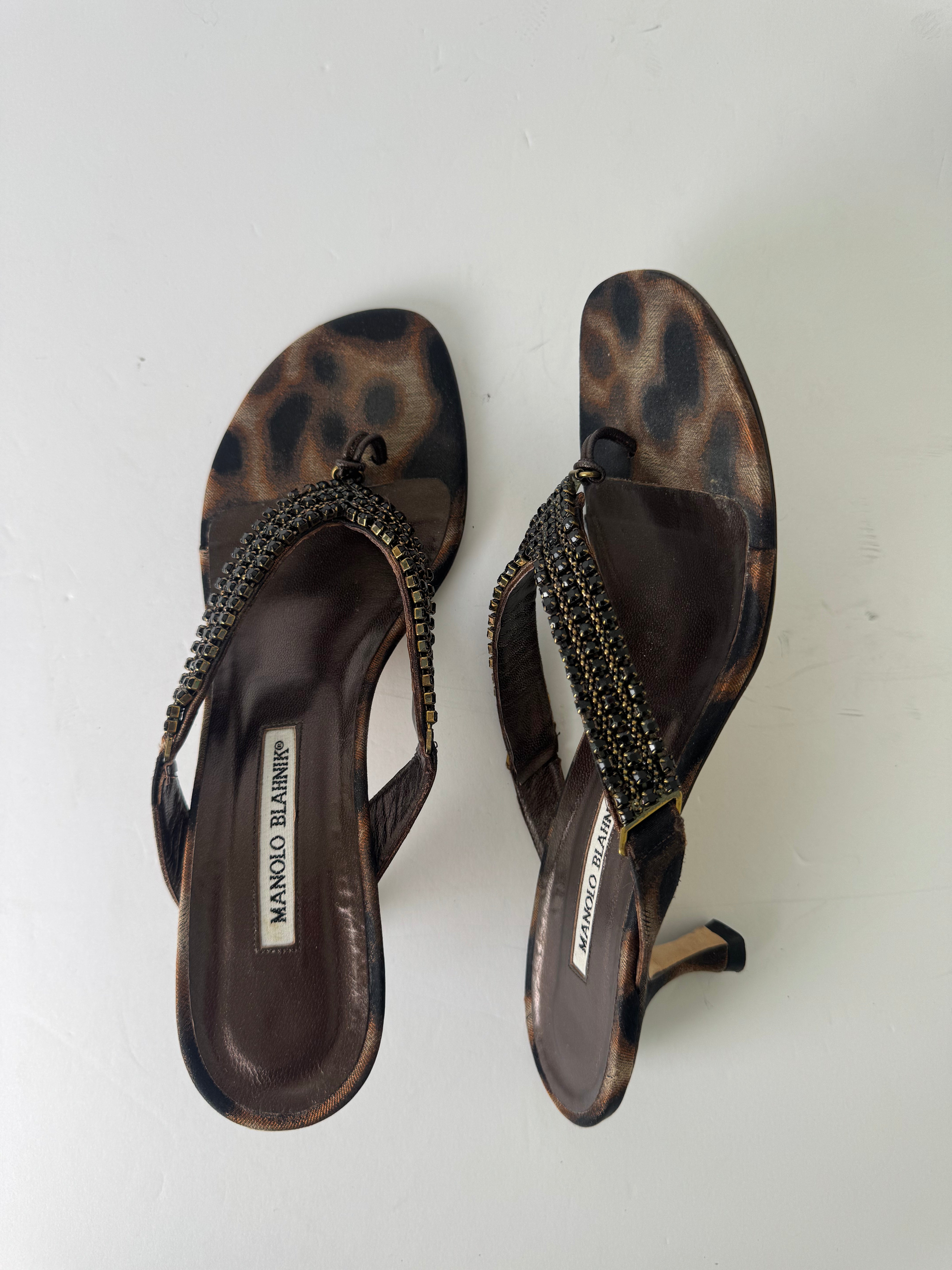 Manolo Blahnik Leopard Beaded Sandal Heels 40