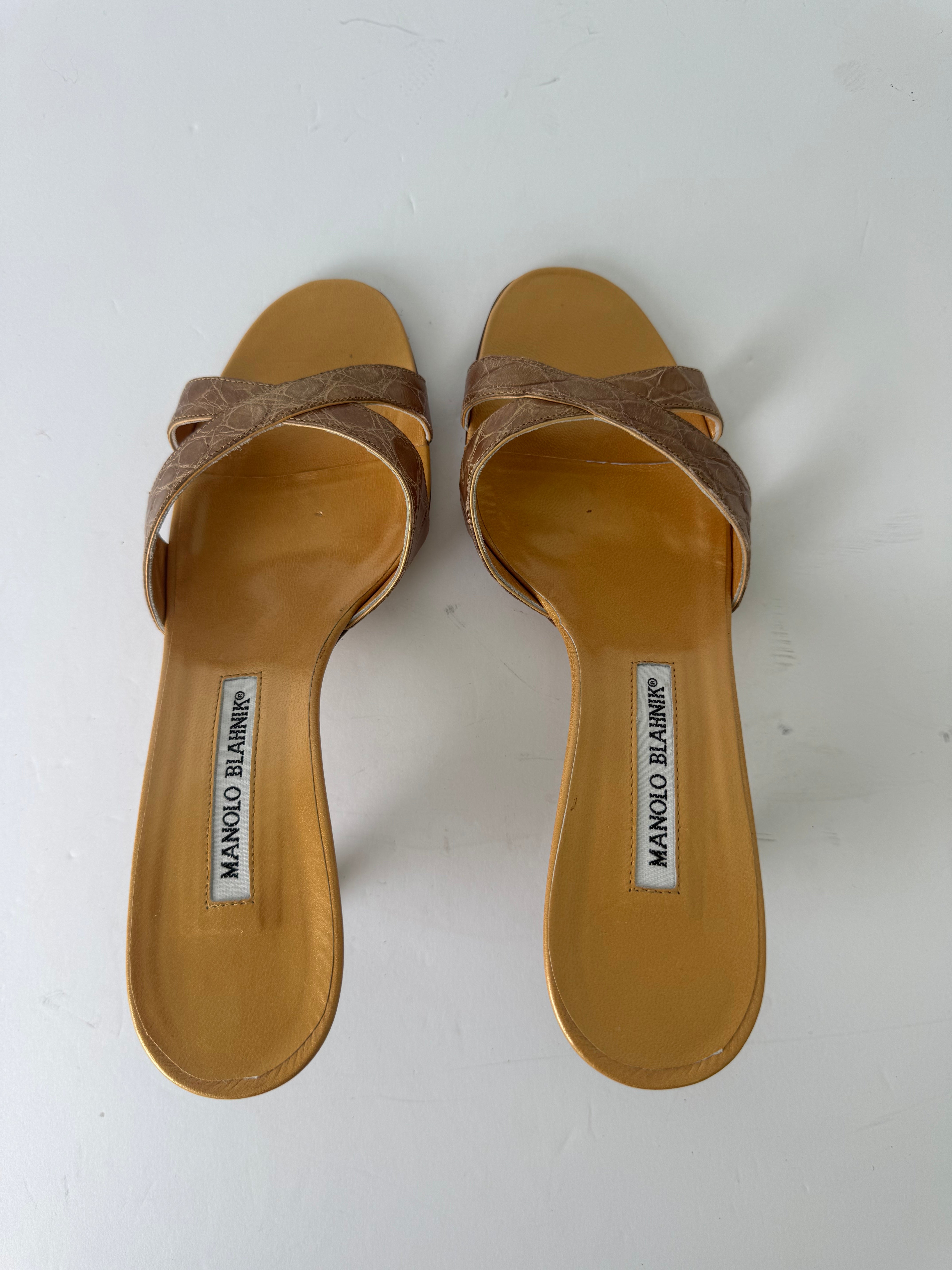 Manolo Blahnik Vintage Croc Embossed Sandal Heel - 37.5