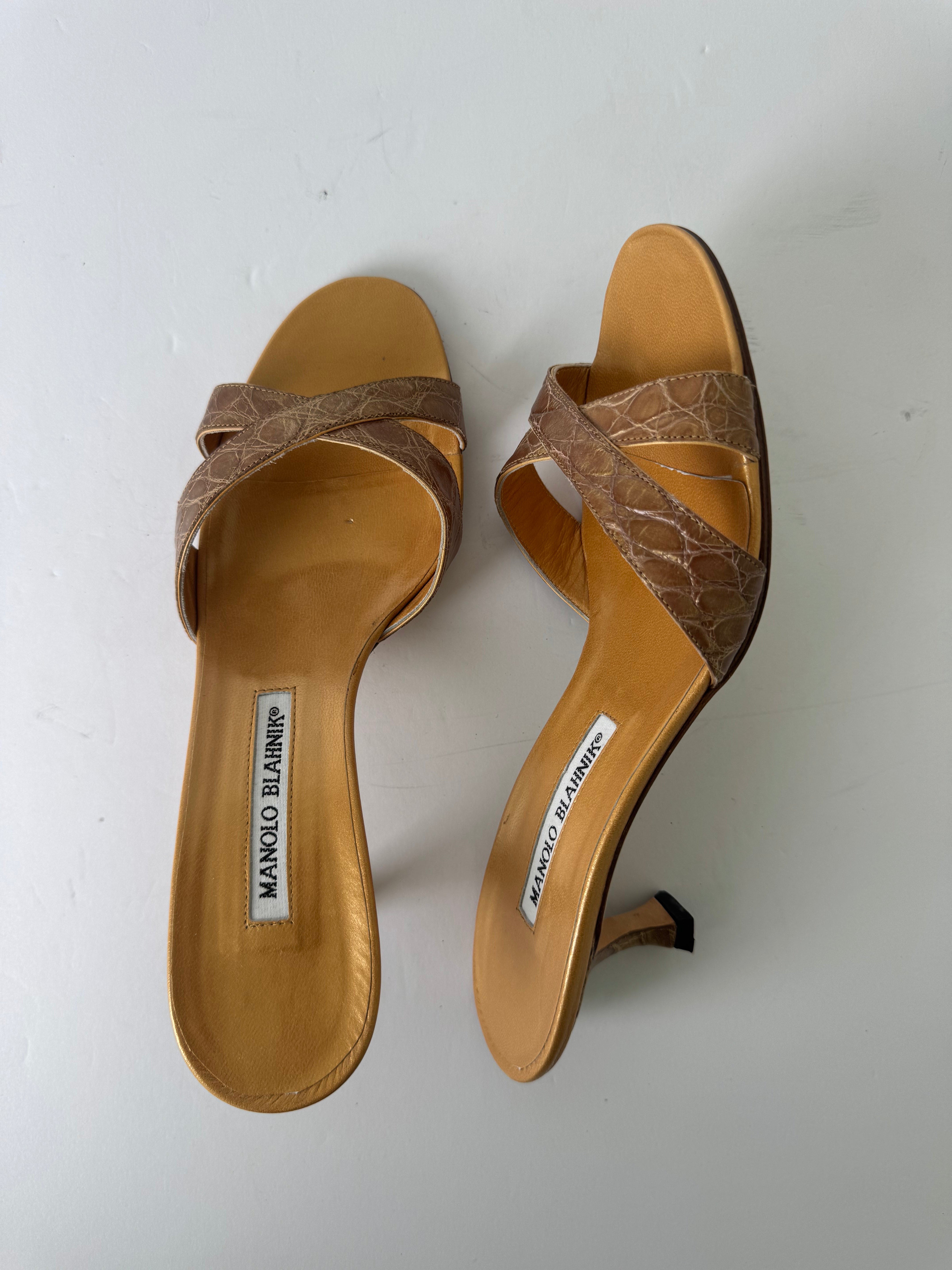 Manolo Blahnik Vintage Croc Embossed Sandal Heel - 37.5