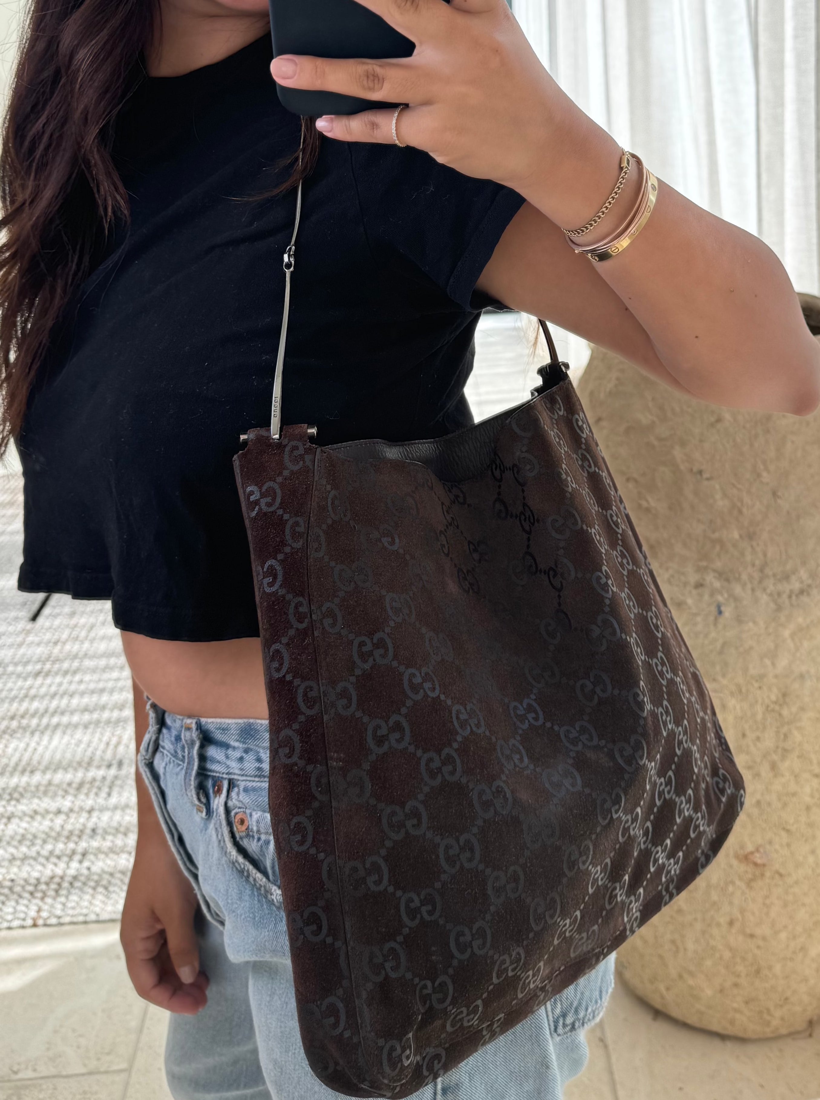 Gucci Tom Ford Brown Suede GG Hobo Bag