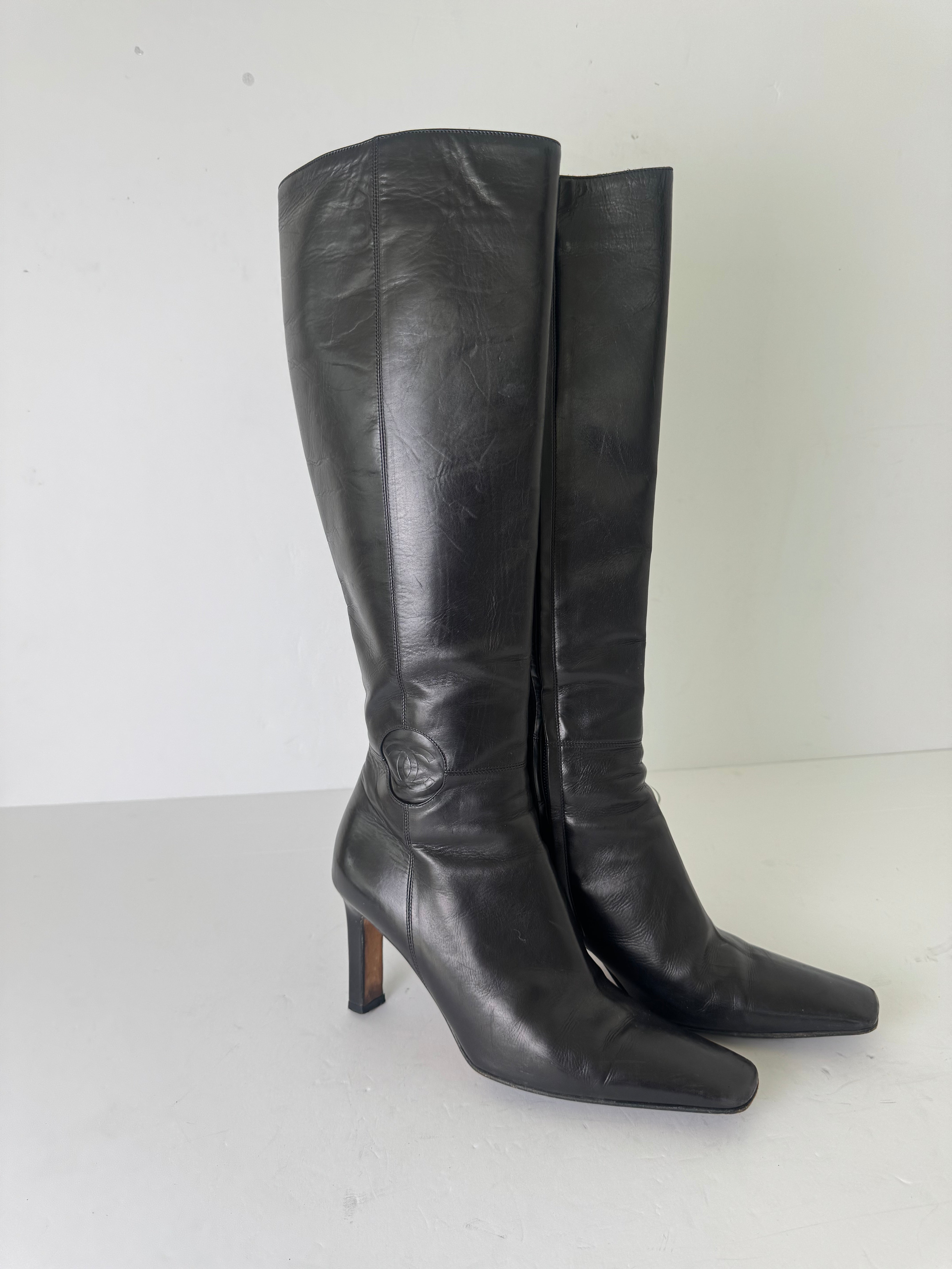 Chanel Vintage Leather CC Boots 37.5