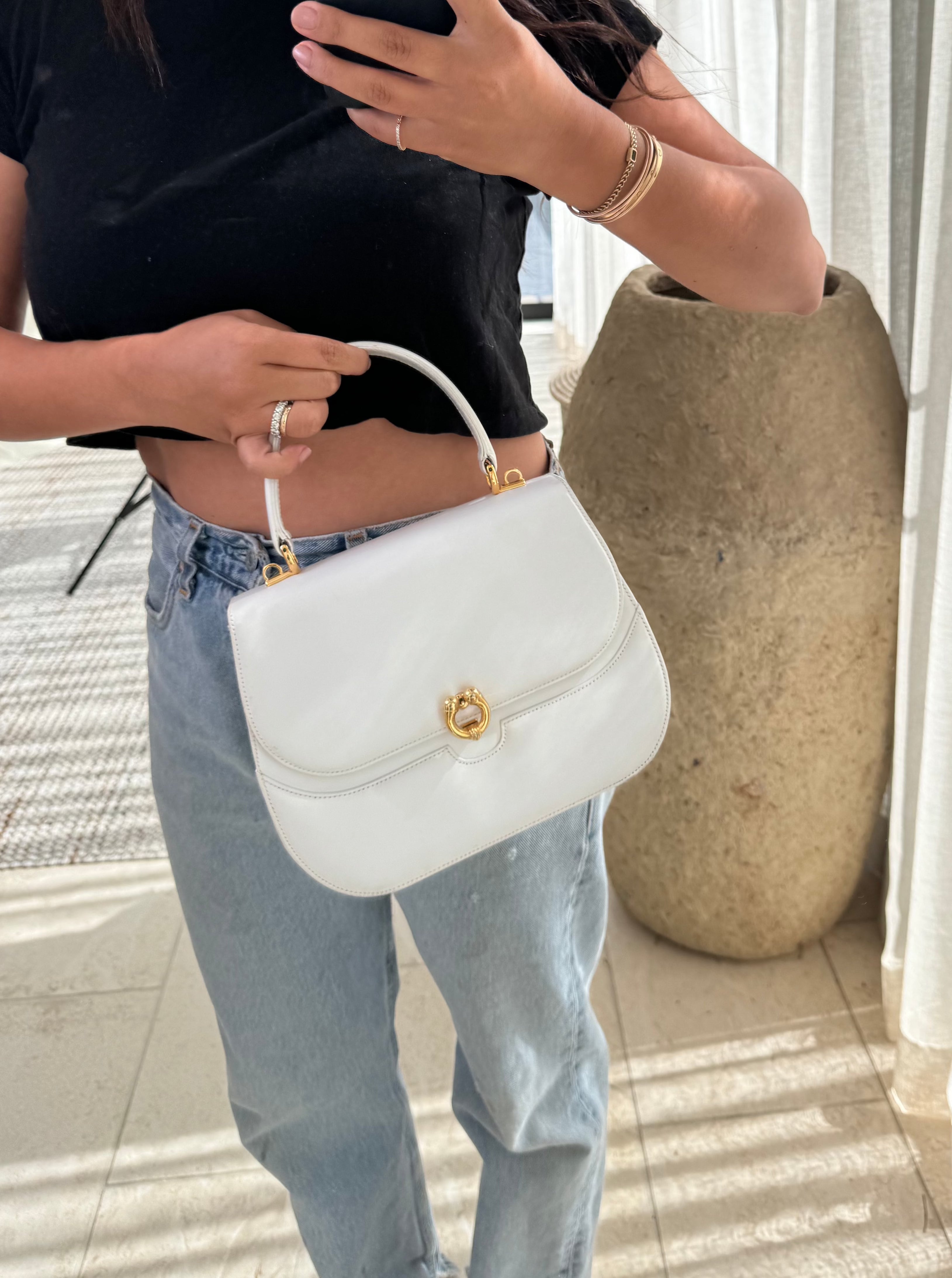 Gucci White Horseshoe Leather Handbag/Shoulder Bag