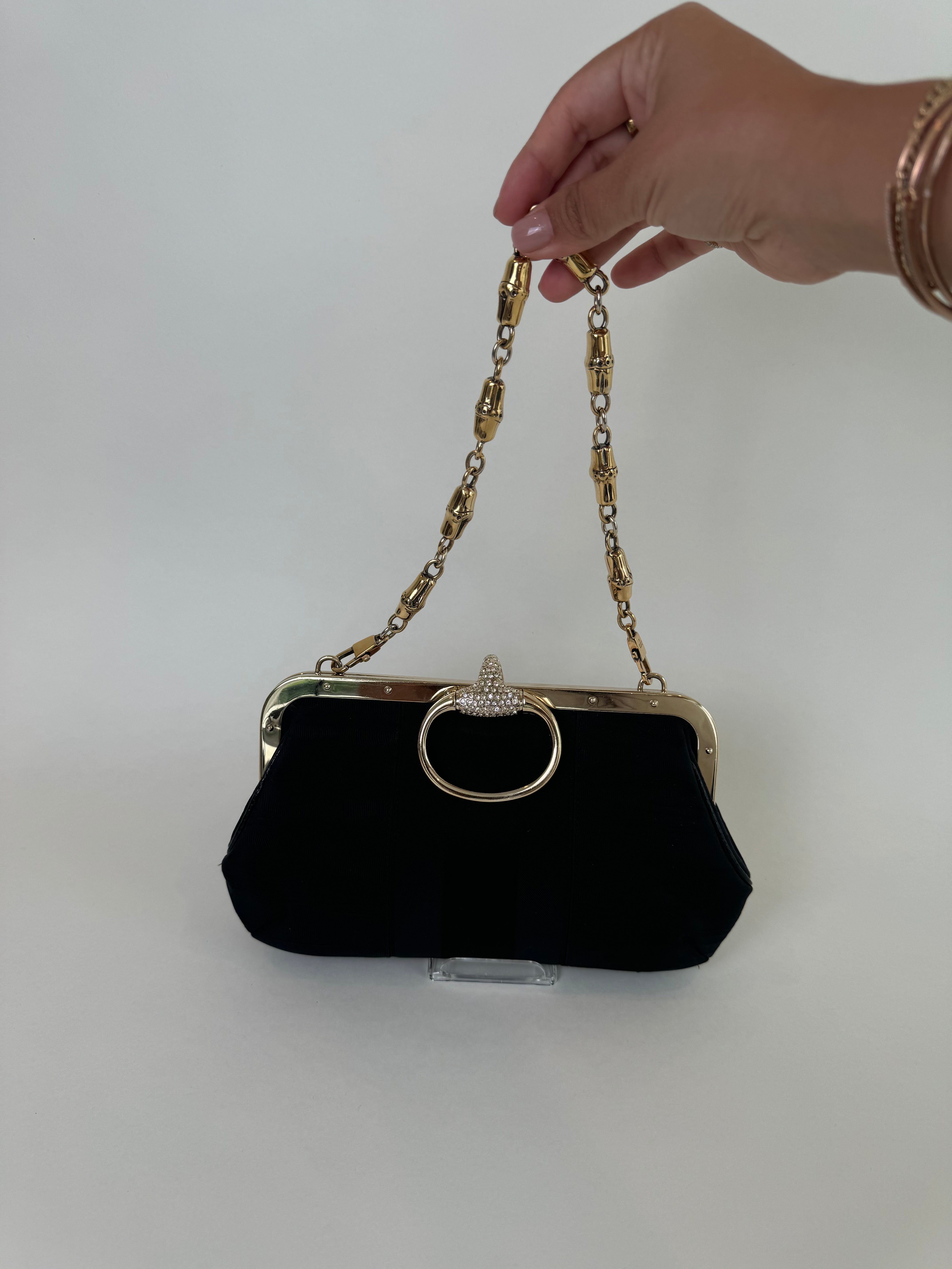 Gucci Crystal-Embellished Leather Evening Black Bag