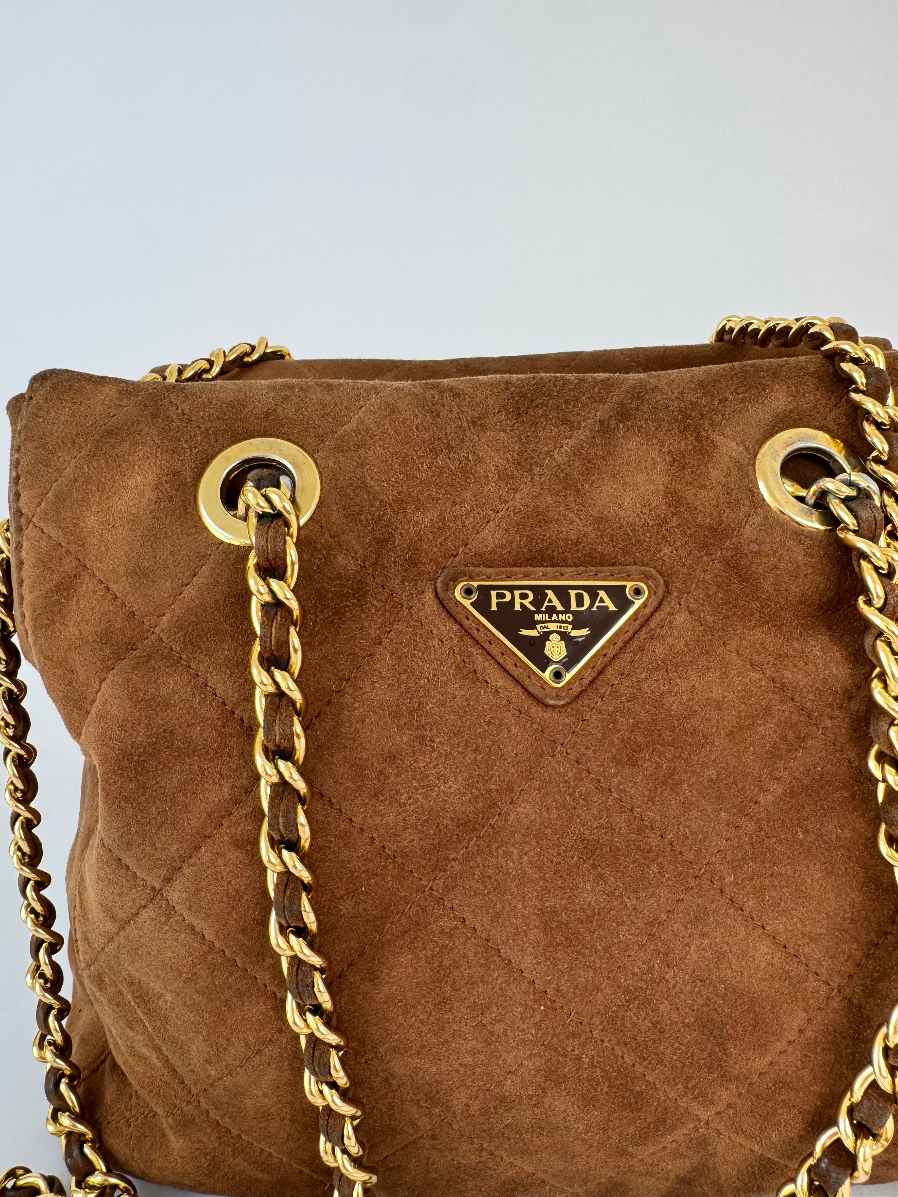 Prada Brown Suede Chain Link Shoulder Bag Prada Brown Suede Chain Link Shoulder Bag