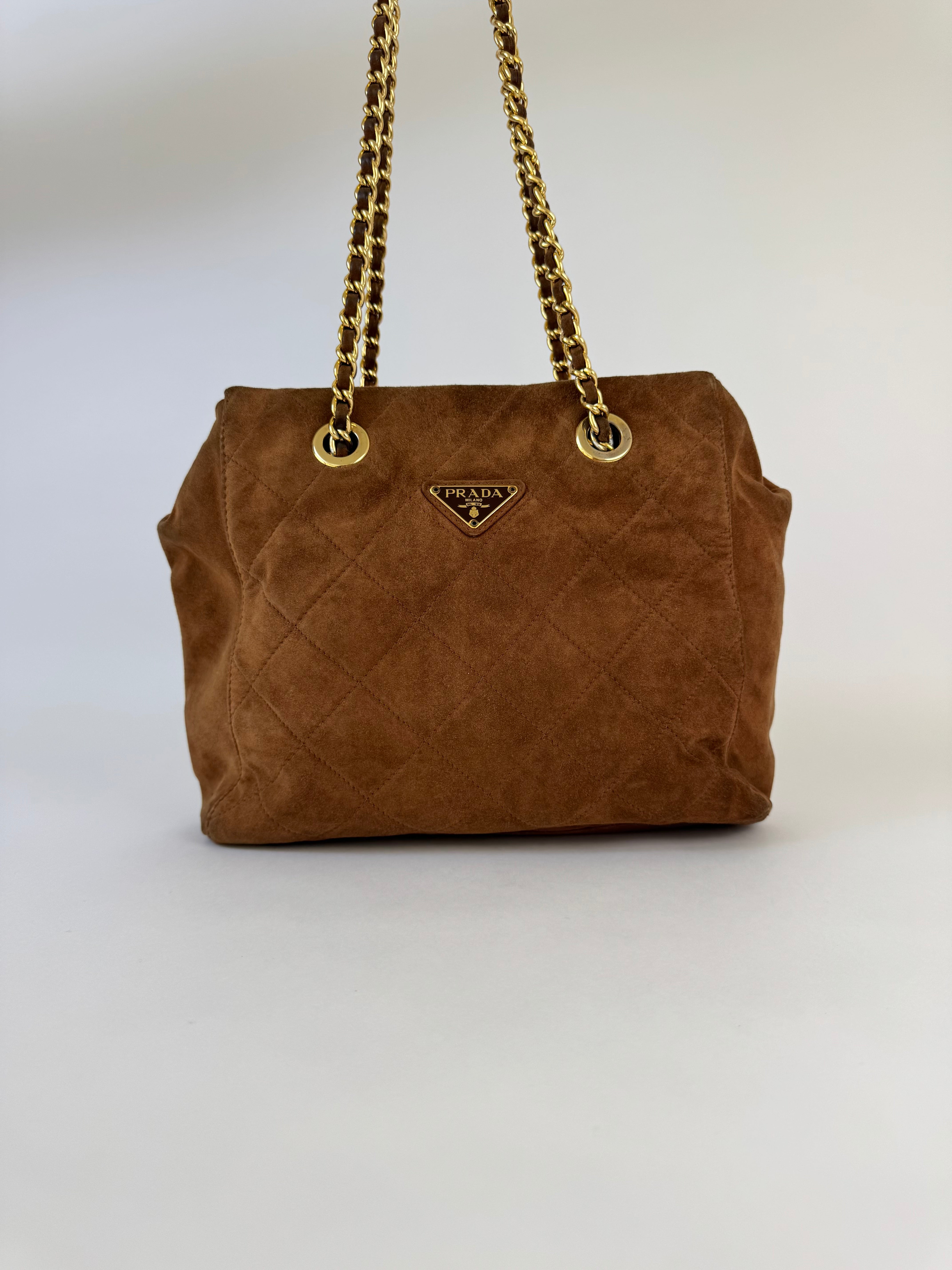 Prada Brown Suede Chain Link Shoulder Bag