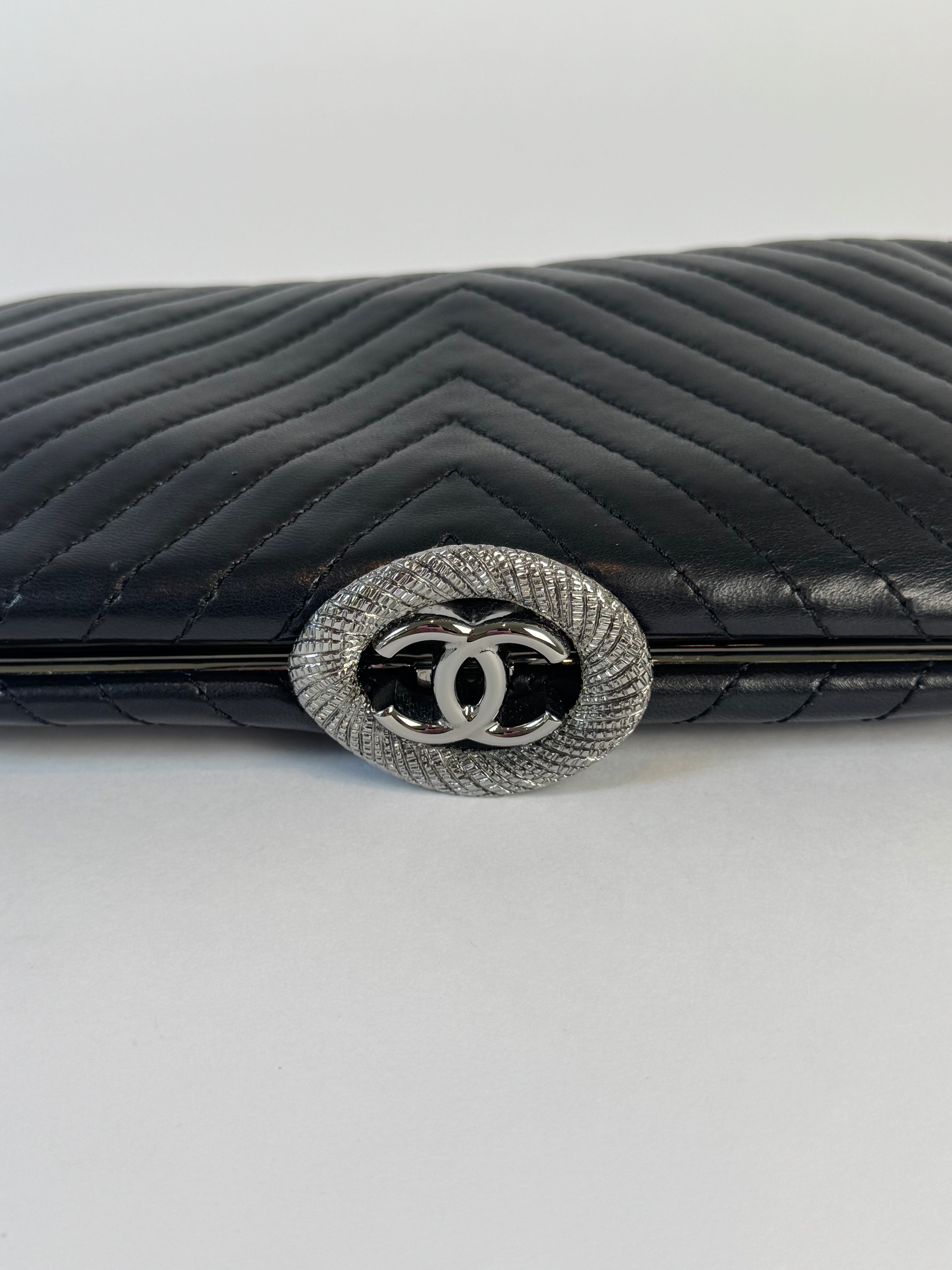 Chanel Black Leather Chevron Clutch