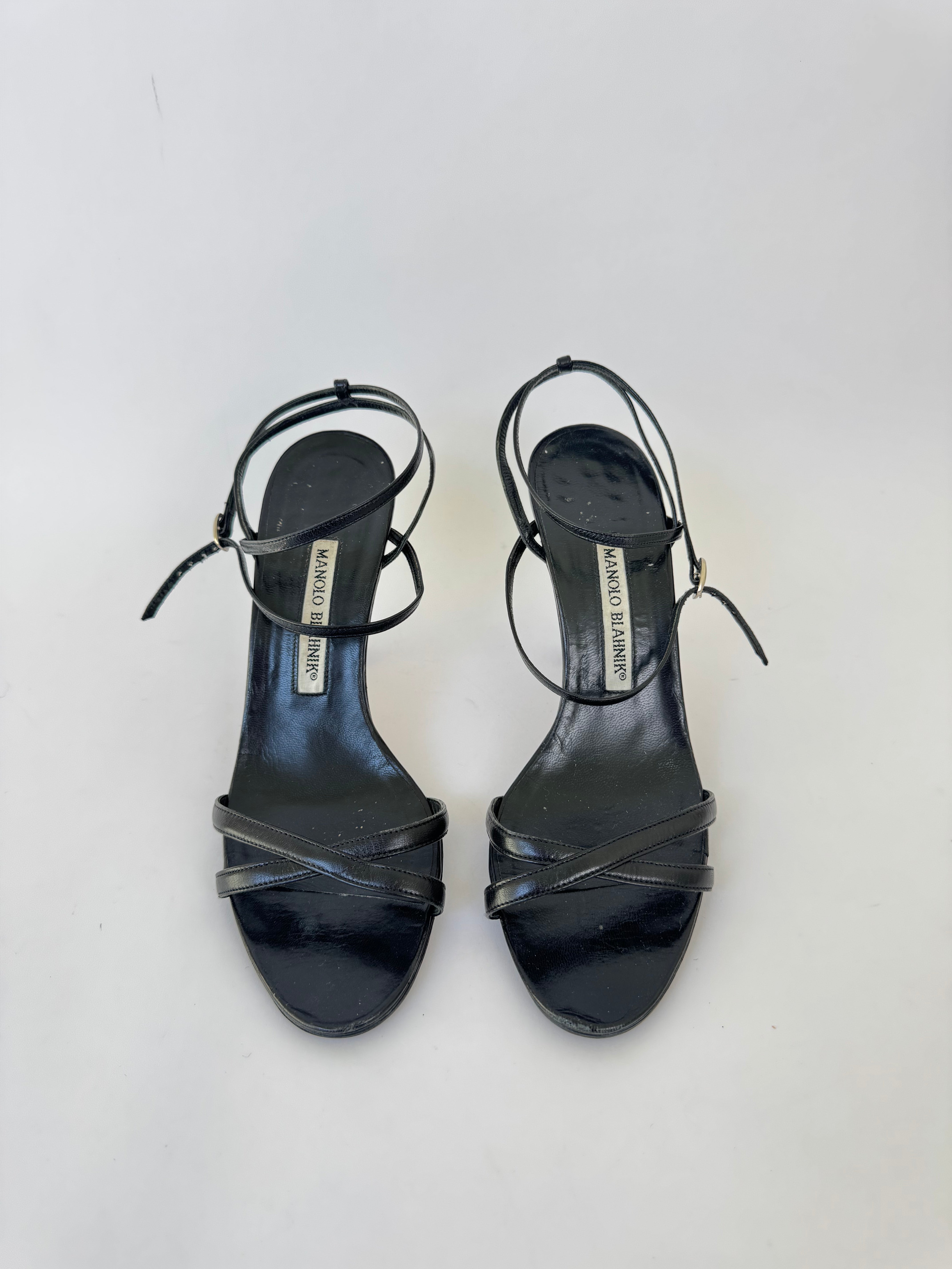 Manolo Blahnik Black Leather Strappy Heels - 37.5