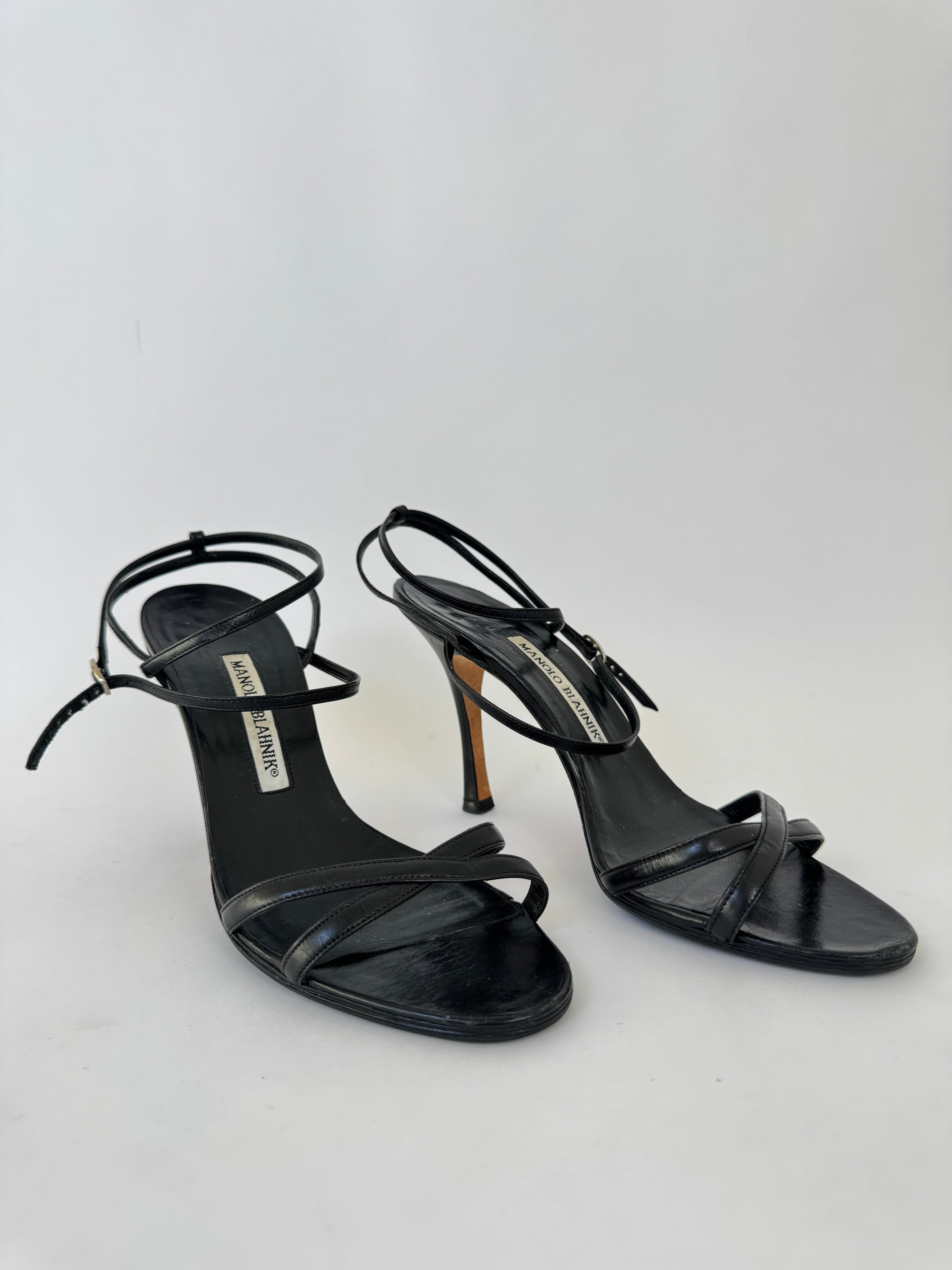 Manolo Blahnik Black Leather Strappy Heels - 37.5