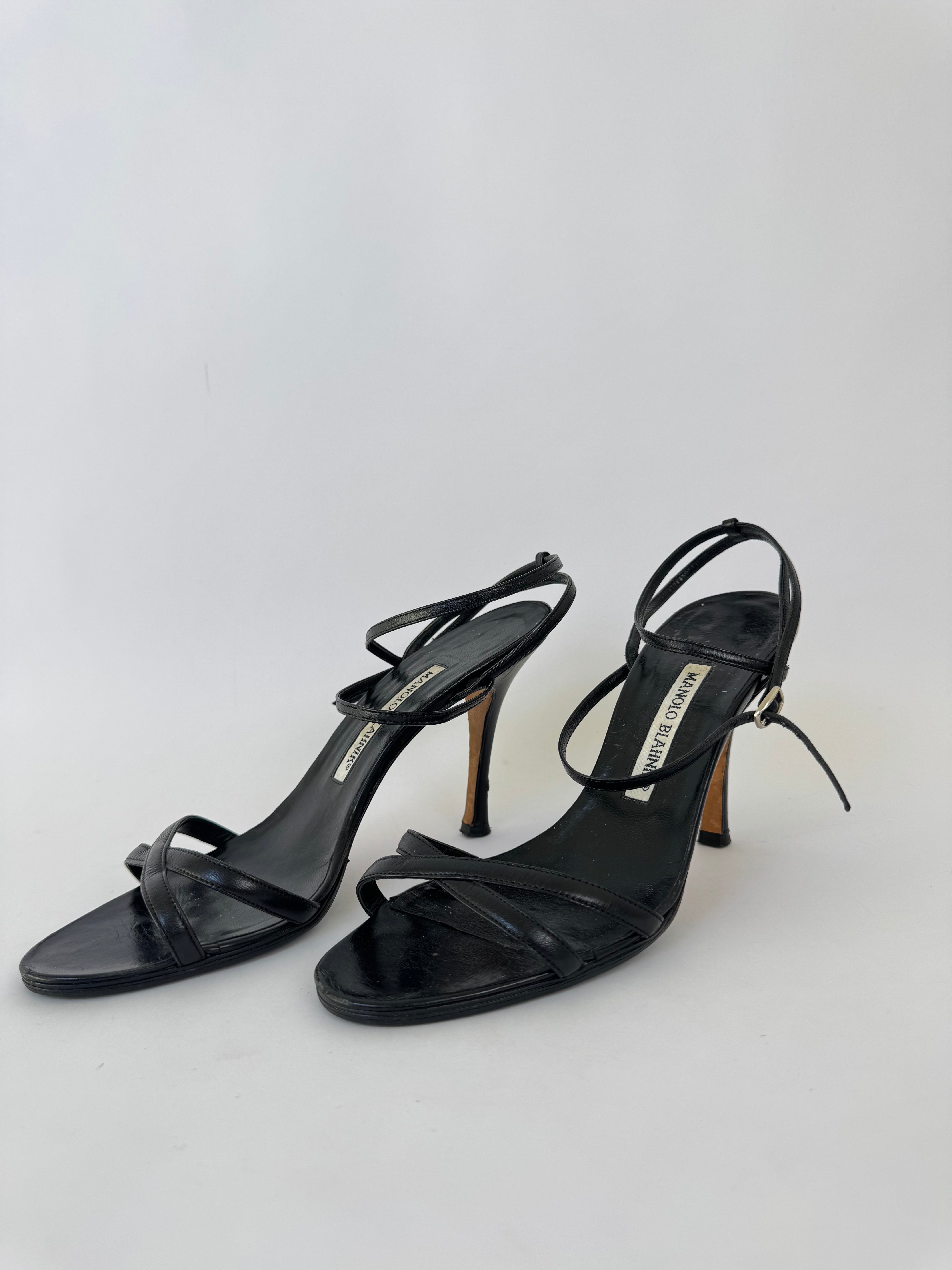 Manolo Blahnik Black Leather Strappy Heels - 37.5