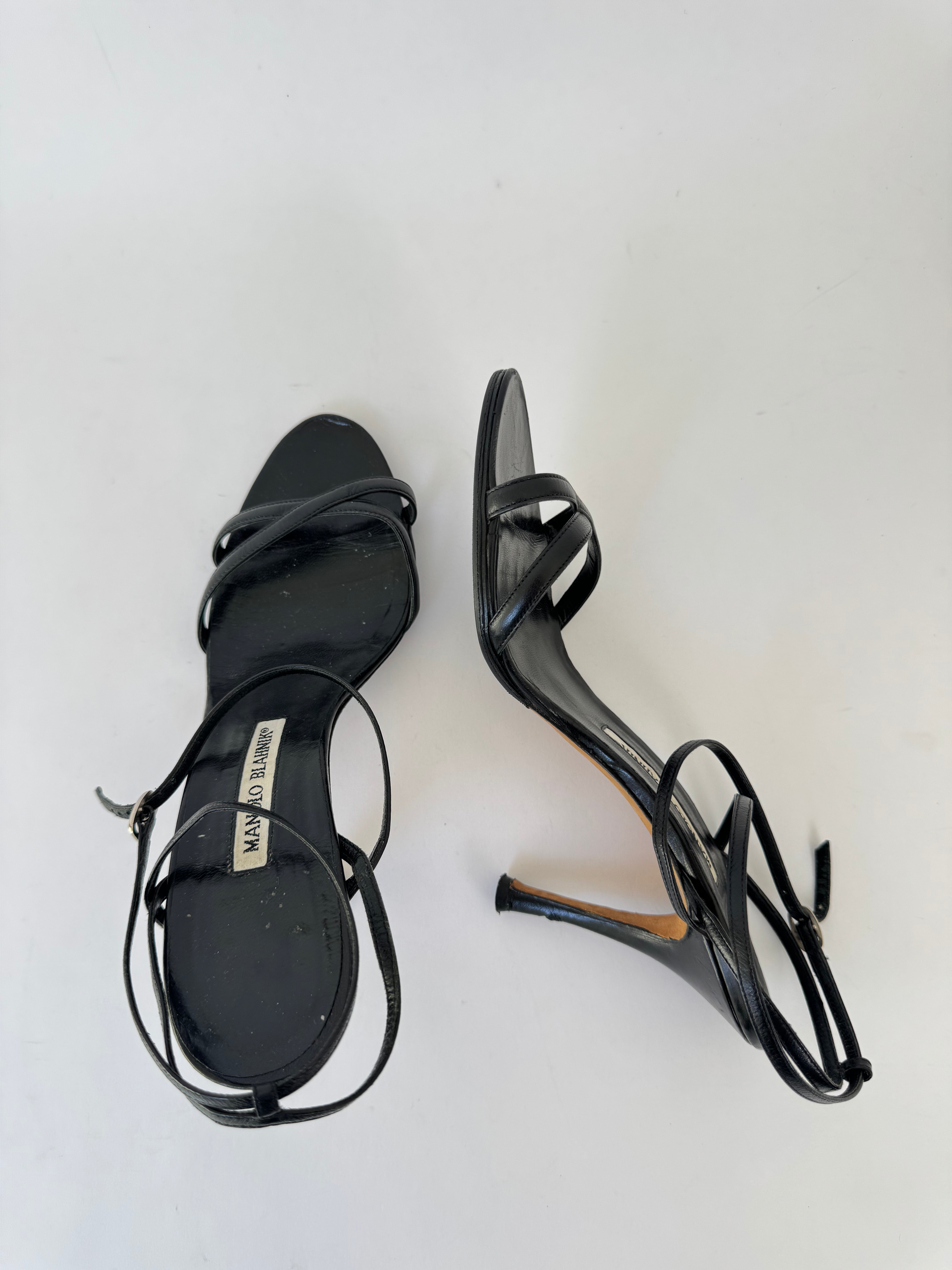 Manolo Blahnik Black Leather Strappy Heels - 37.5
