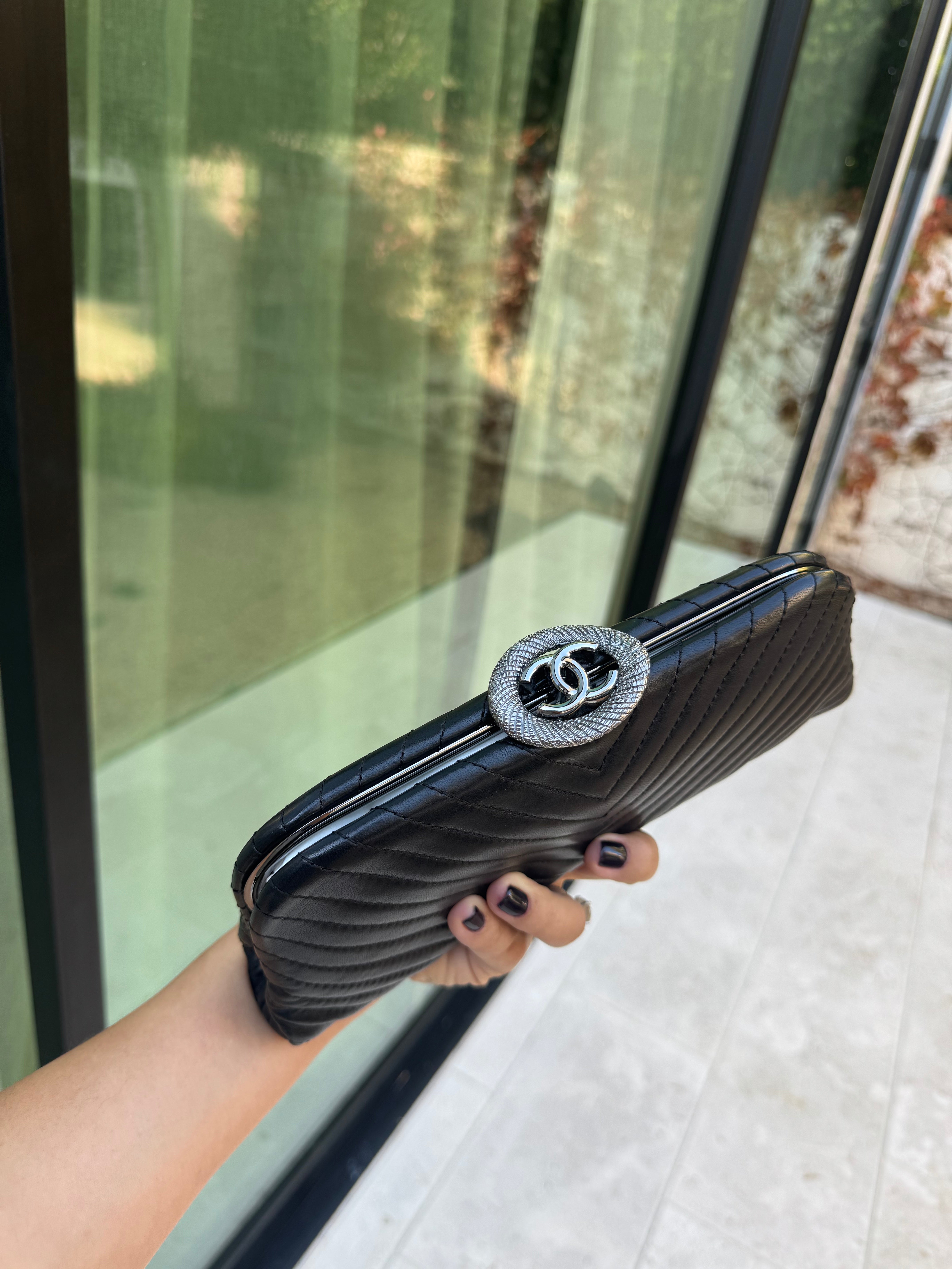 Chanel Black Leather Chevron Clutch