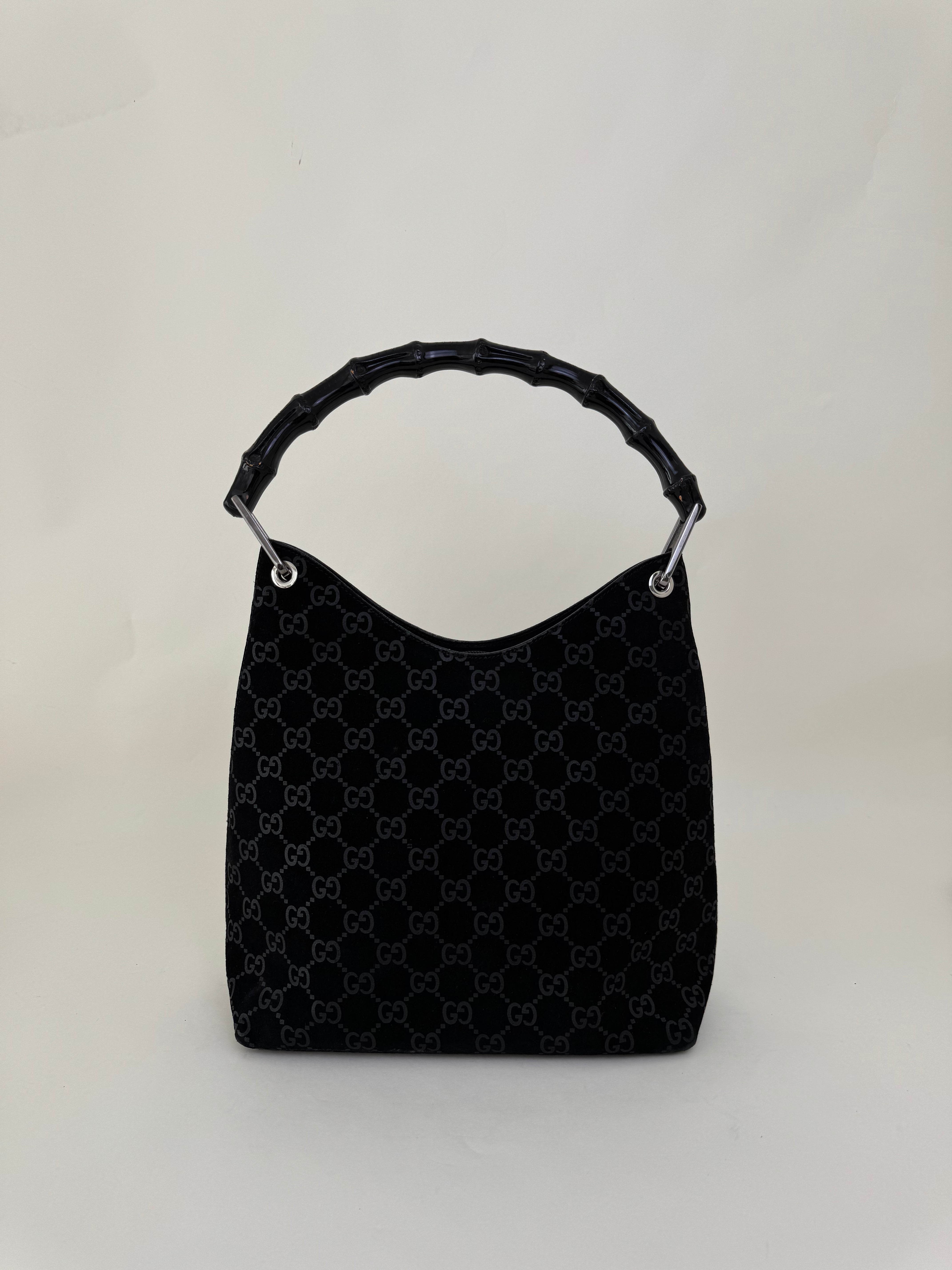 Gucci Black Suede GG Bamboo Handbag