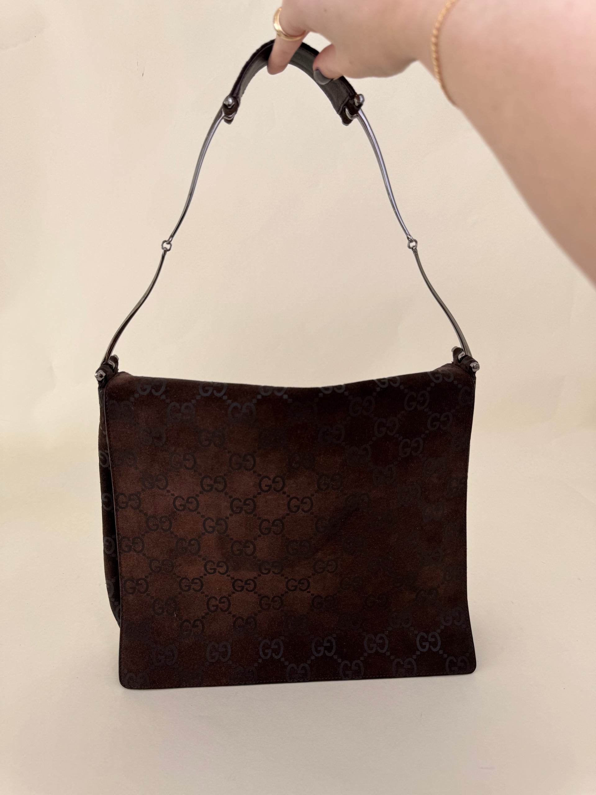 Gucci Tom Ford Slim Horsebit GG Brown Suede Flap Shoulder Bag
