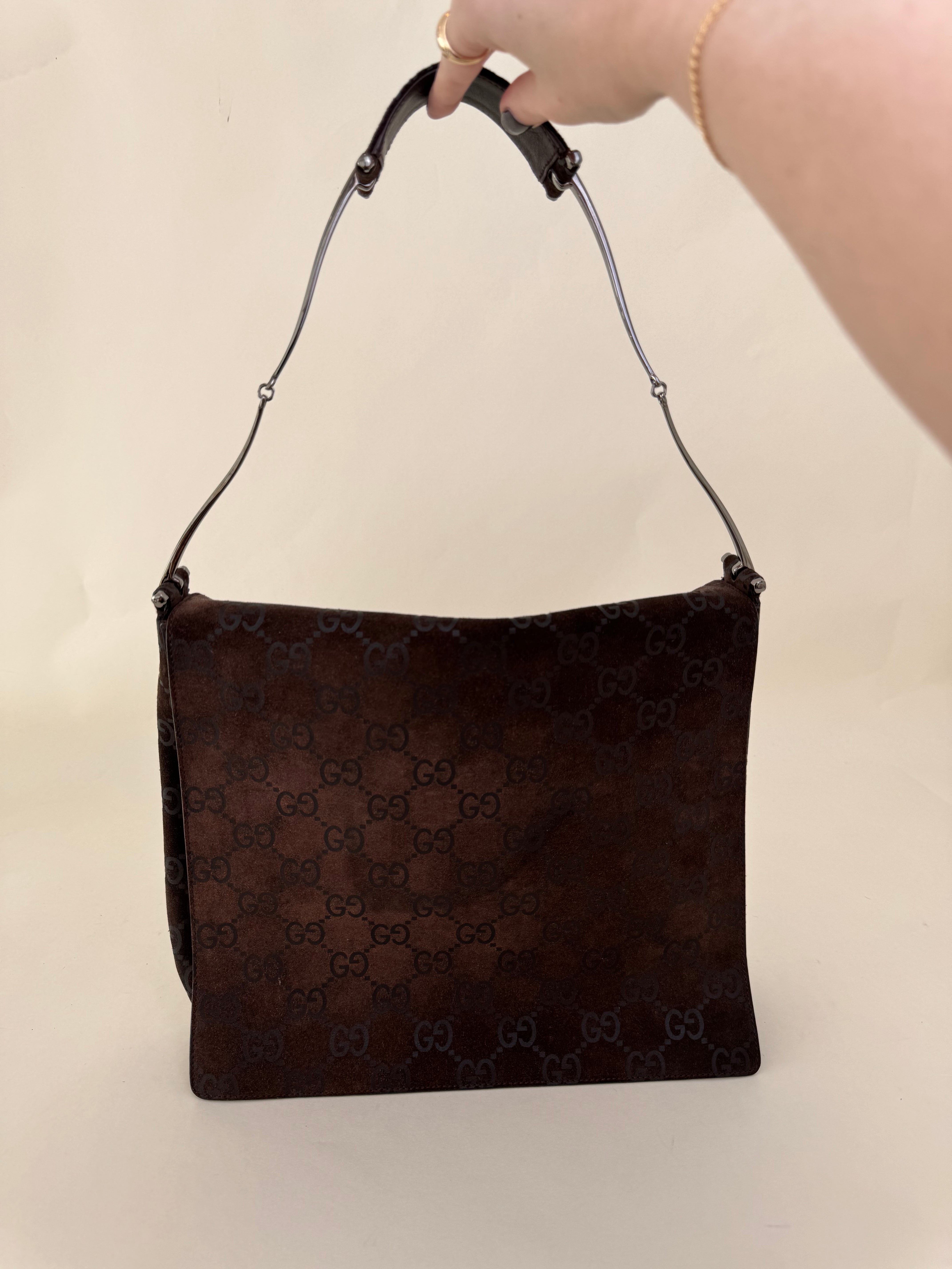 Gucci Tom Ford GG Brown Suede Flap Shoulder Bag