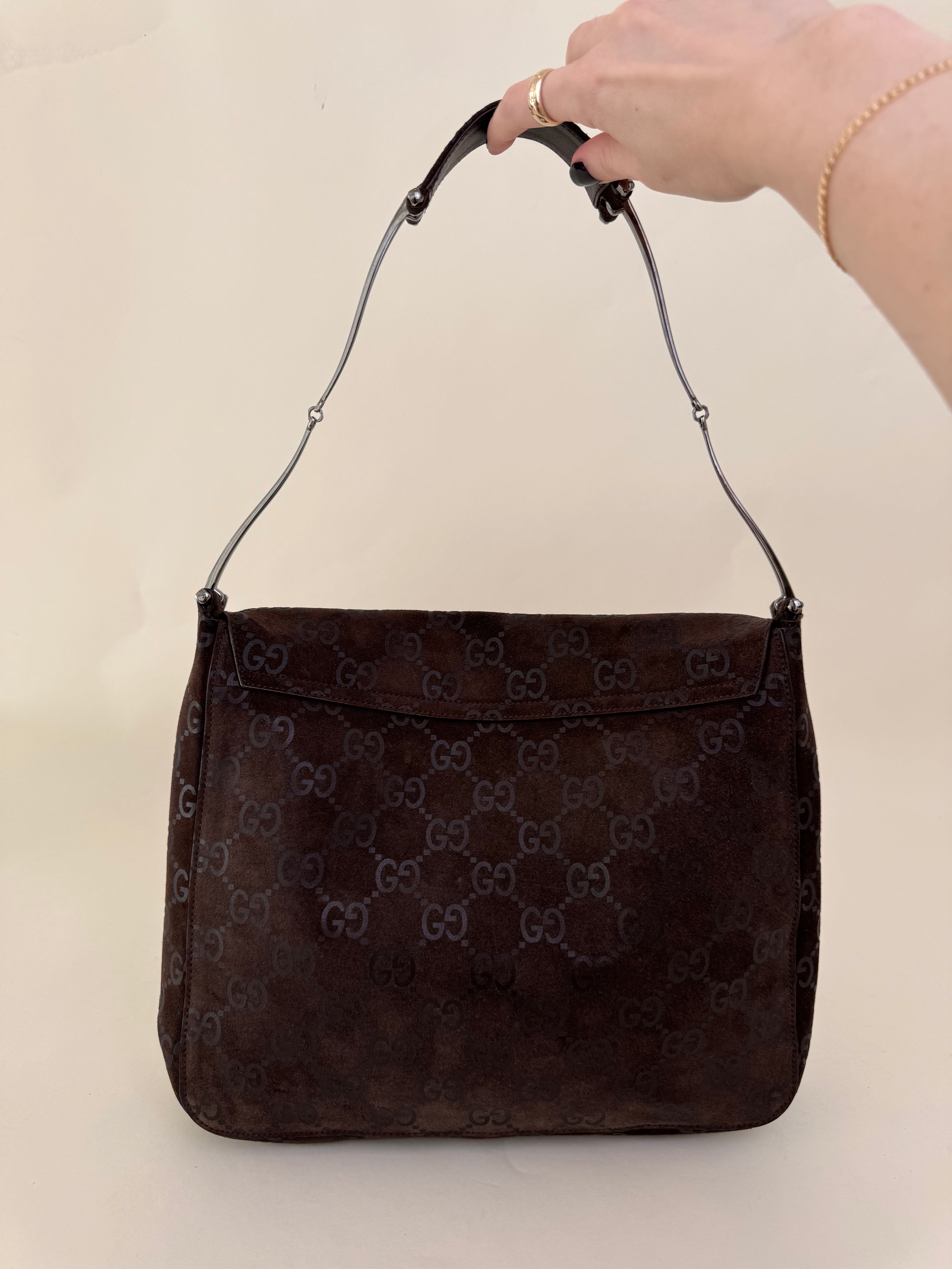 Gucci Tom Ford GG Brown Suede Flap Shoulder Bag