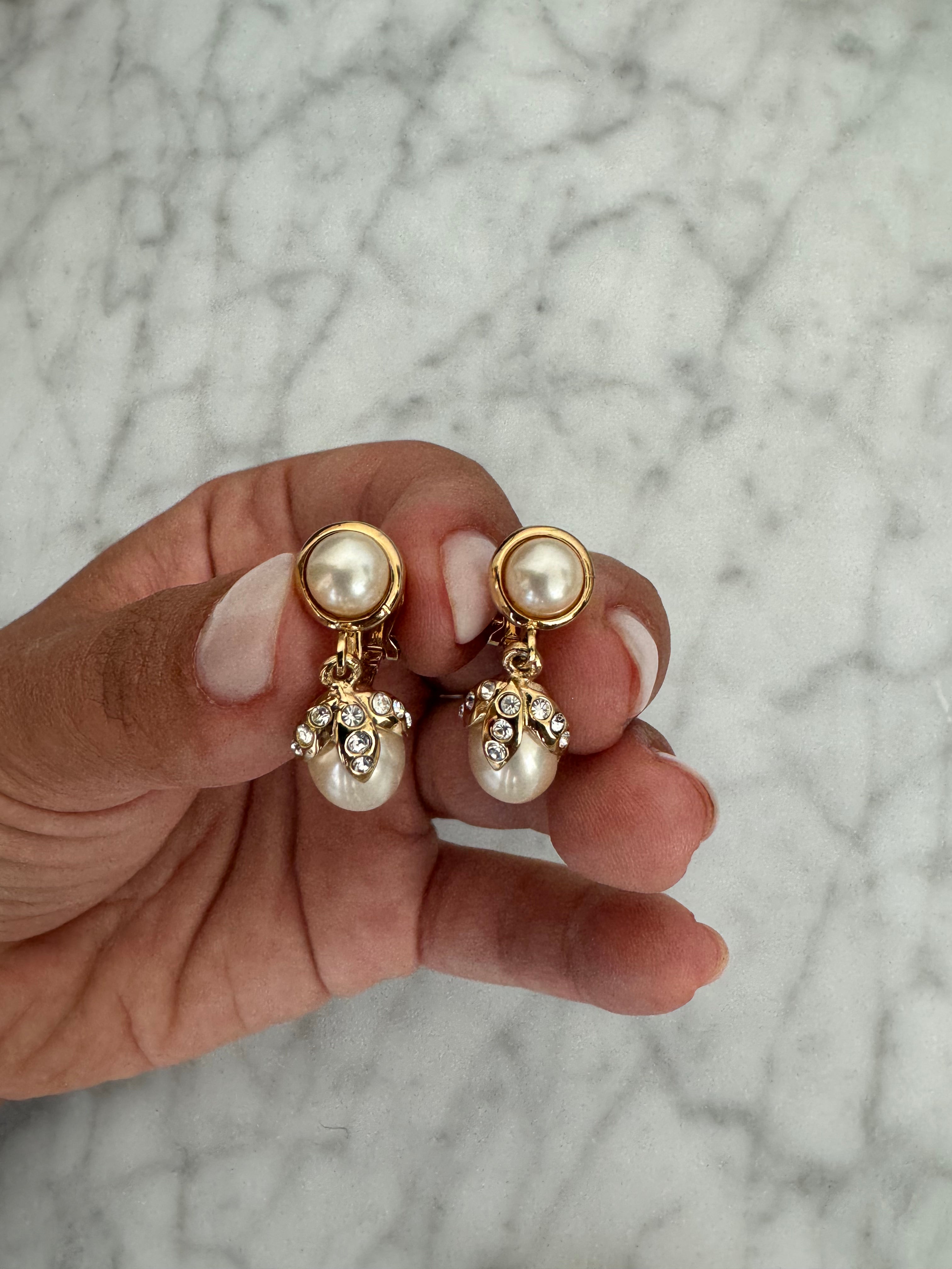 YSL Pearl Gold Rhinestone Drop Down Clip Ons