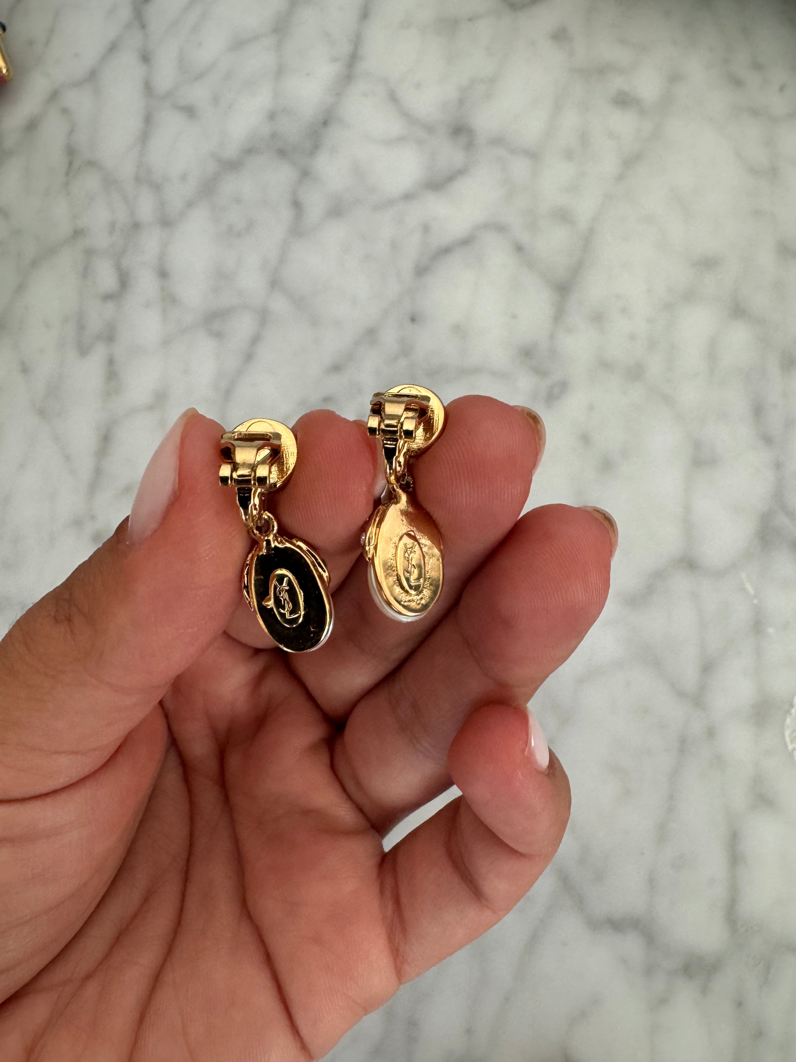 YSL Pearl Gold Rhinestone Drop Down Clip Ons