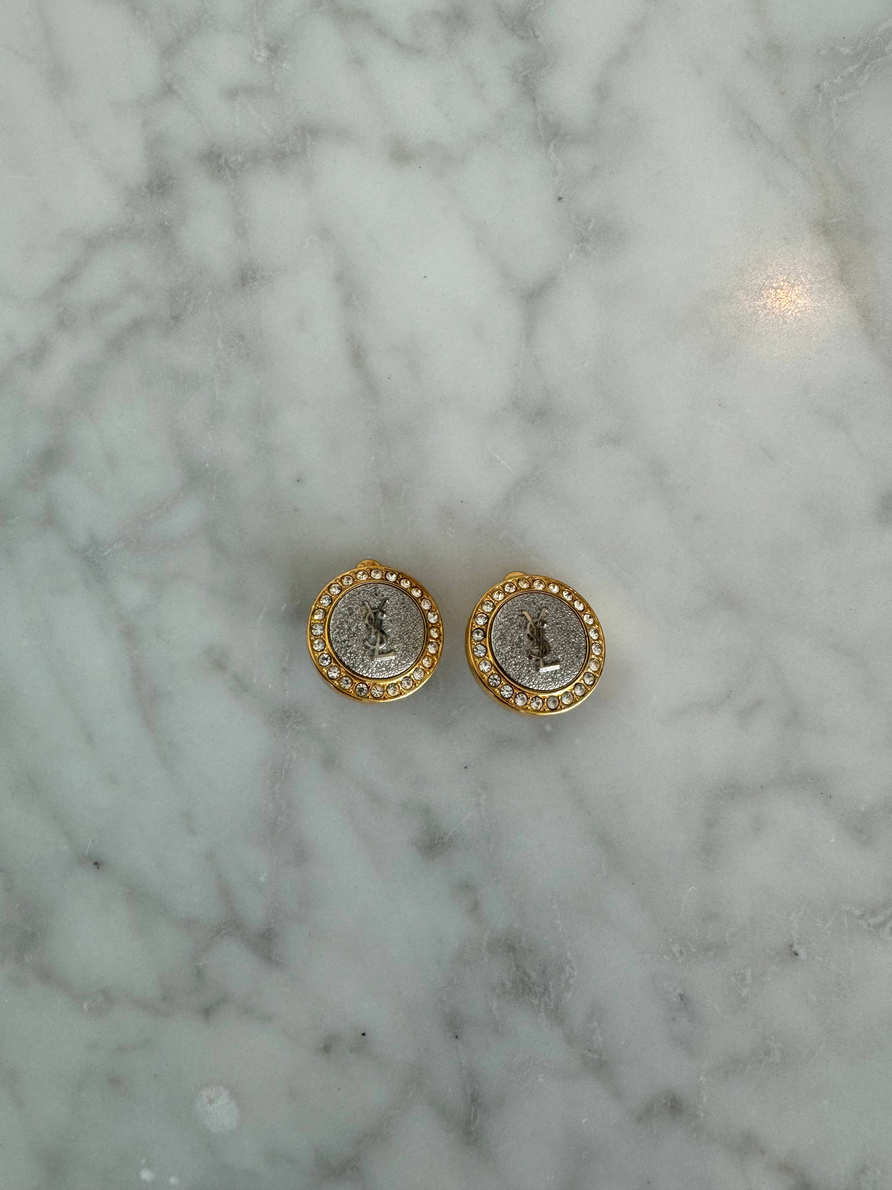 YSL Medium Circle Grey Gold and Rhinestone Clip Ons