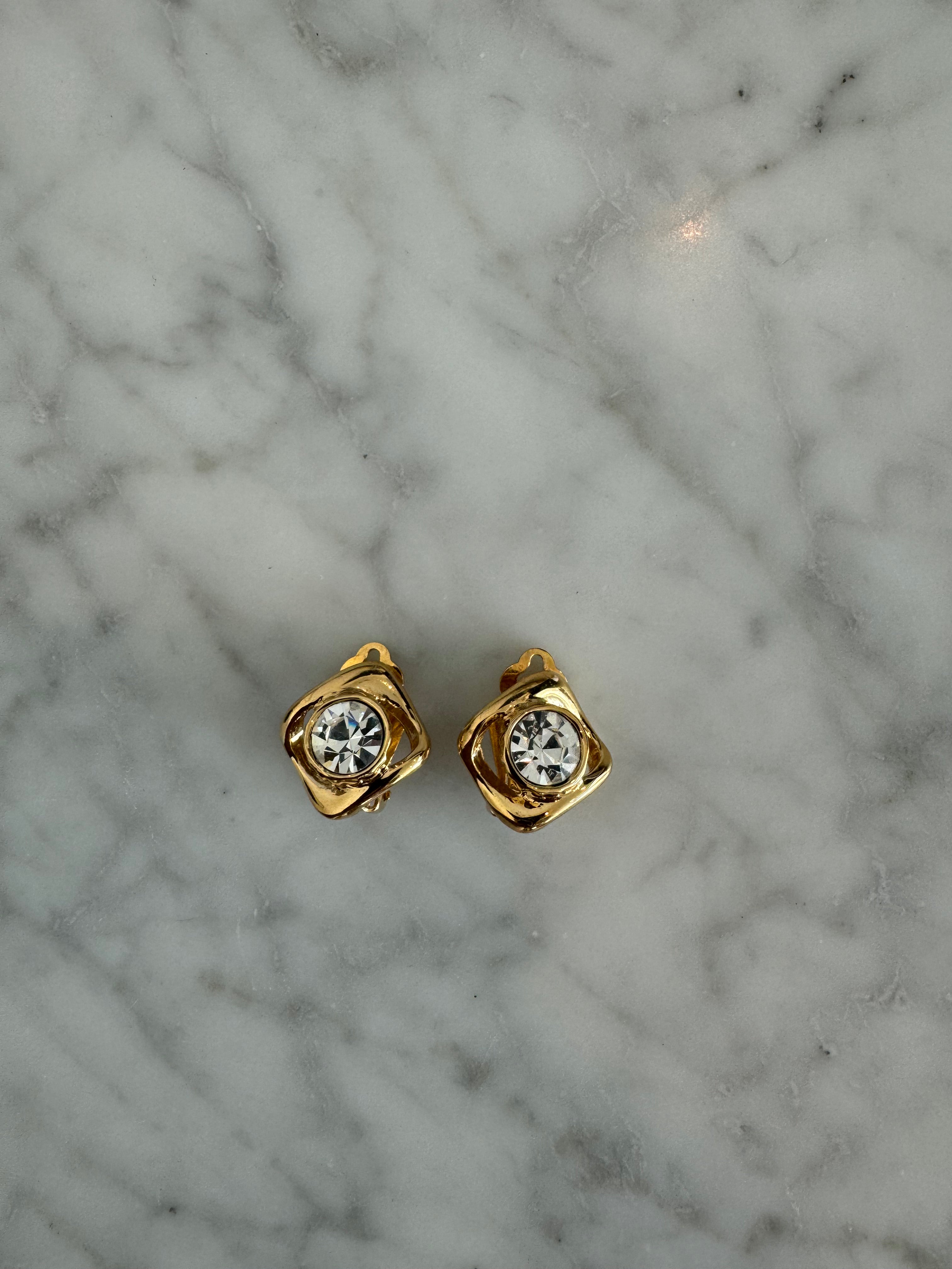 YSL Vintage Gold & Rhinestone Clip On Earrings