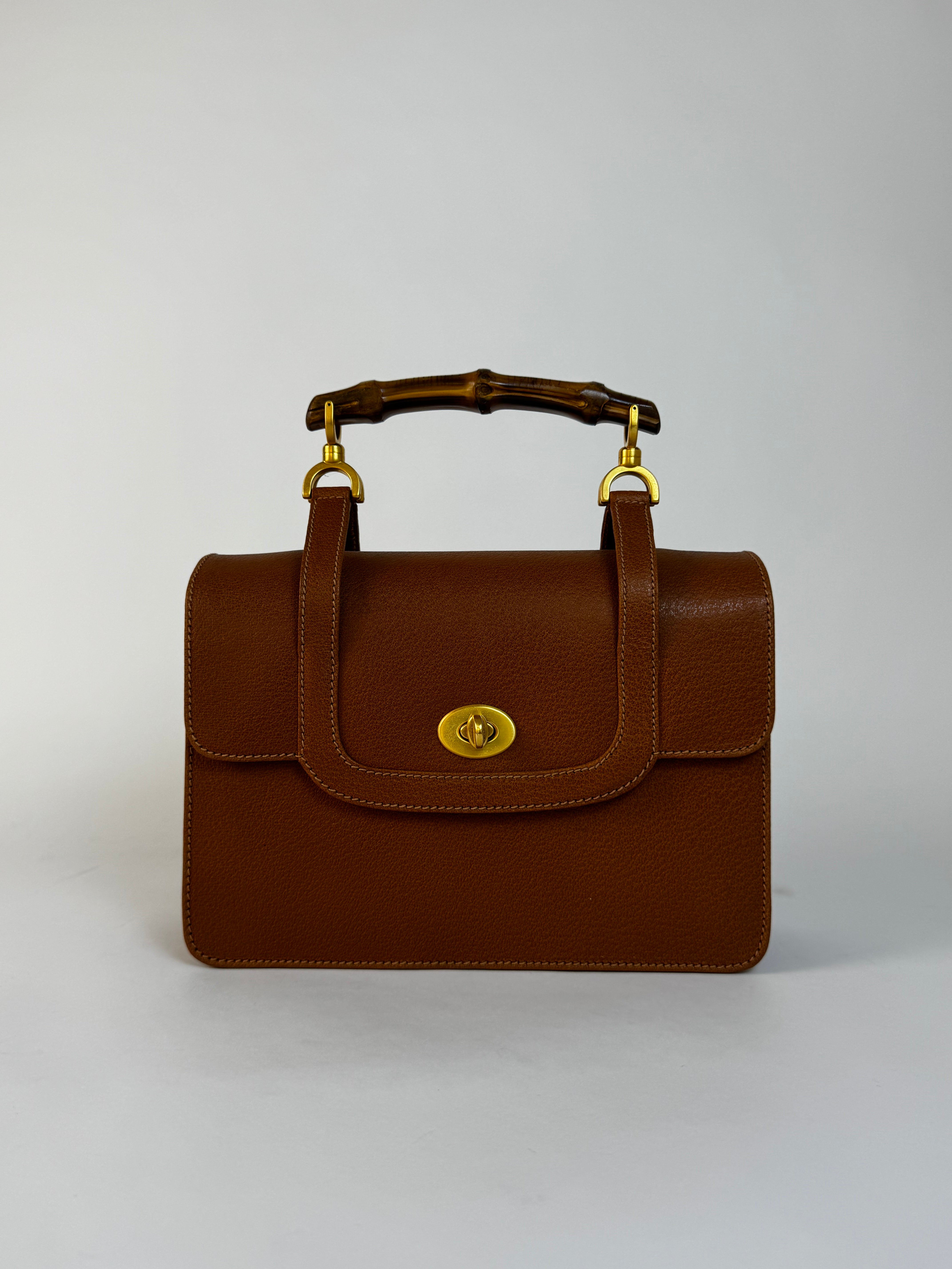 Gucci Brown Leather Bamboo Top Handle Bag
