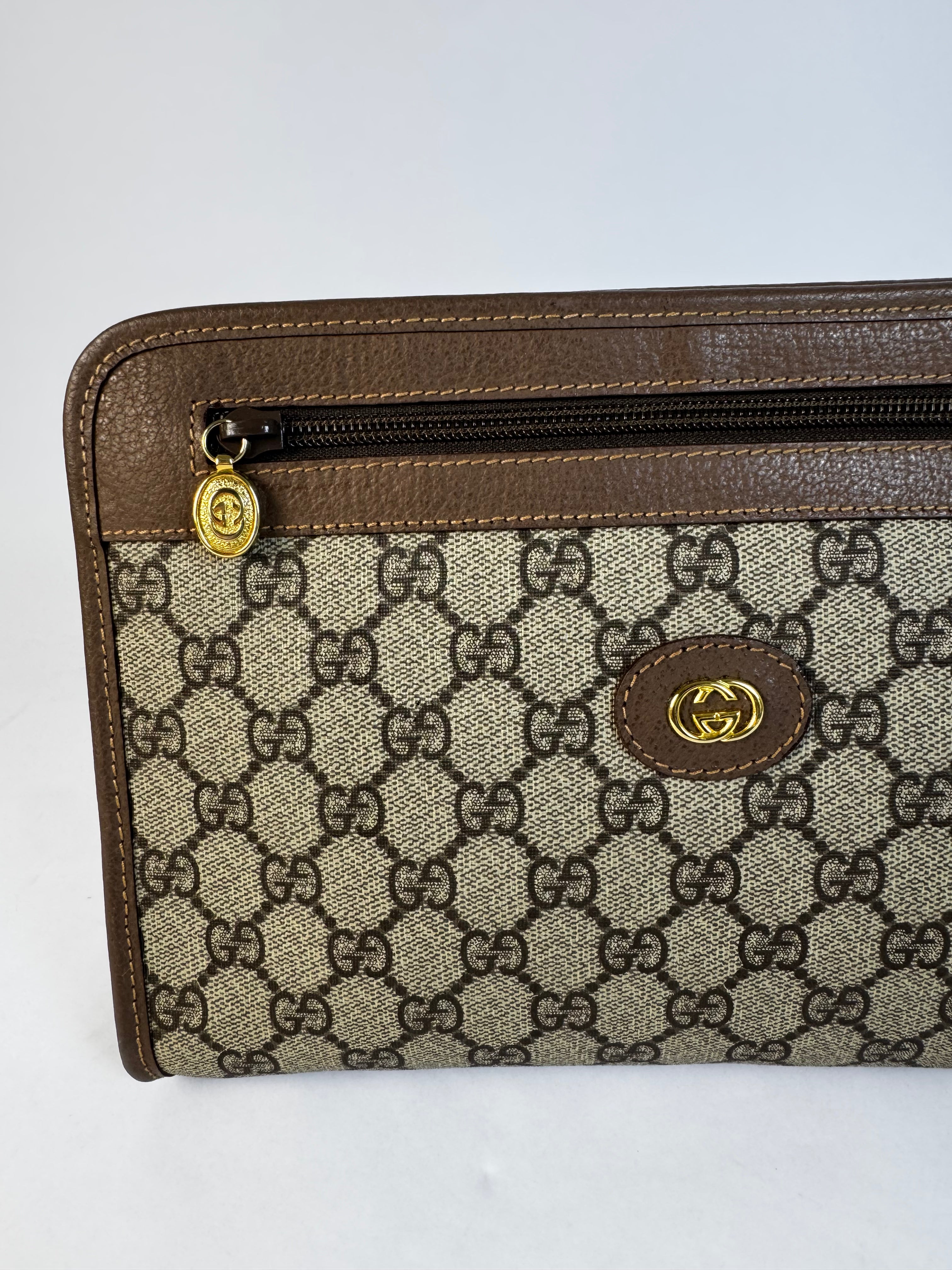 Gucci Brown GG Monogram Zip Portfolio Clutch