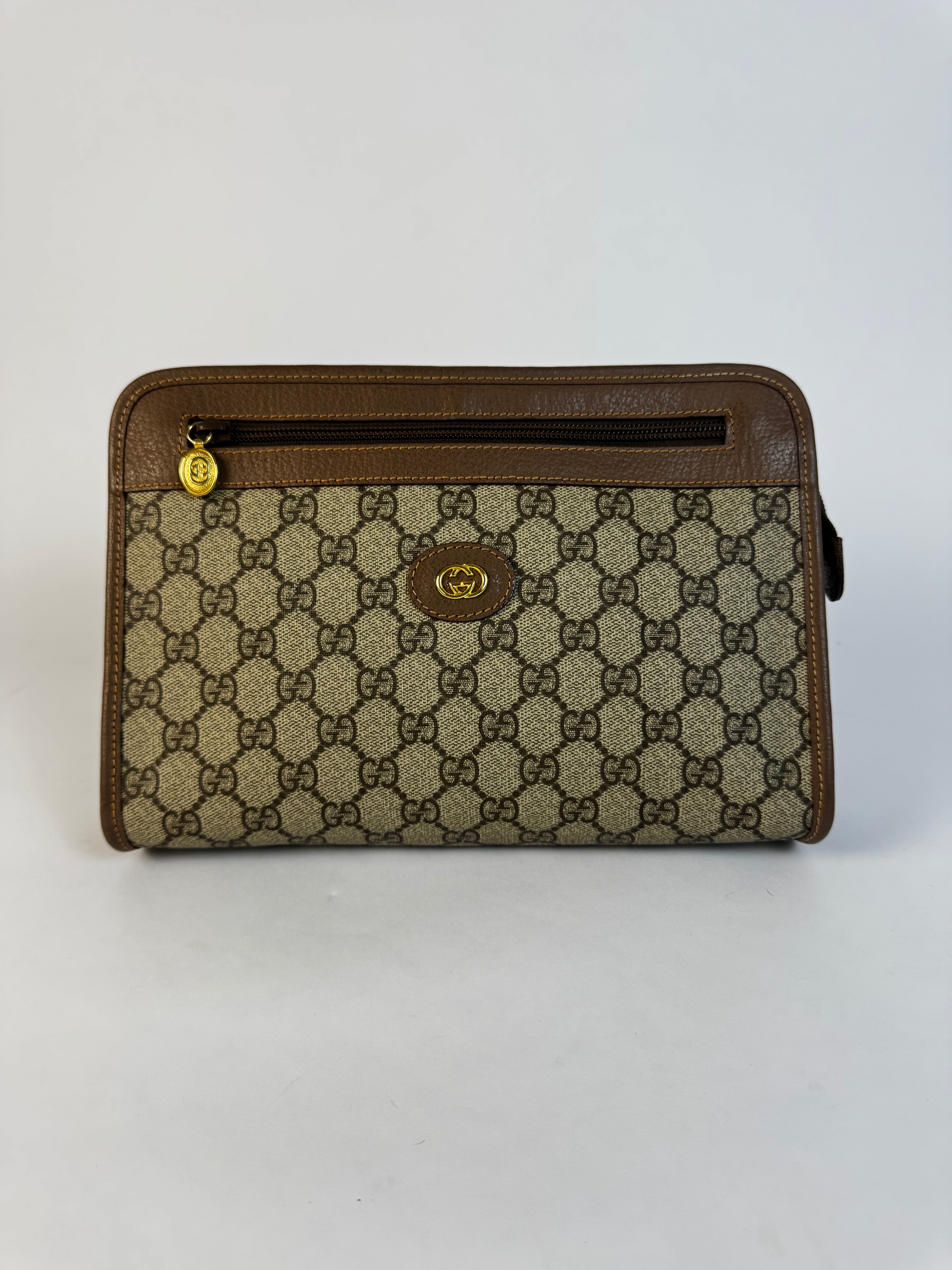 Gucci Brown GG Monogram Zip Portfolio Clutch