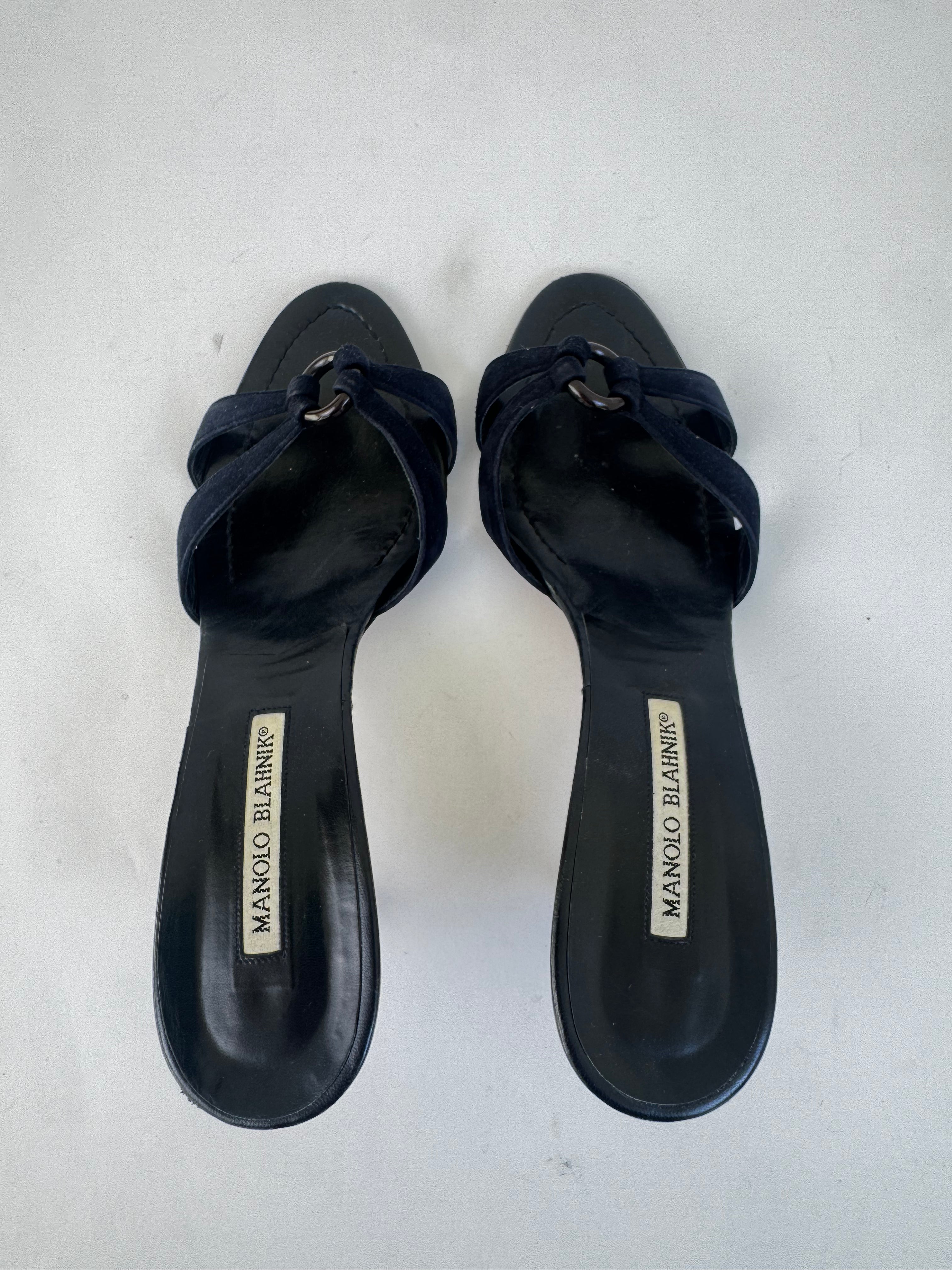 Manolo Blahnik Navy Satin Sandals - 39.5