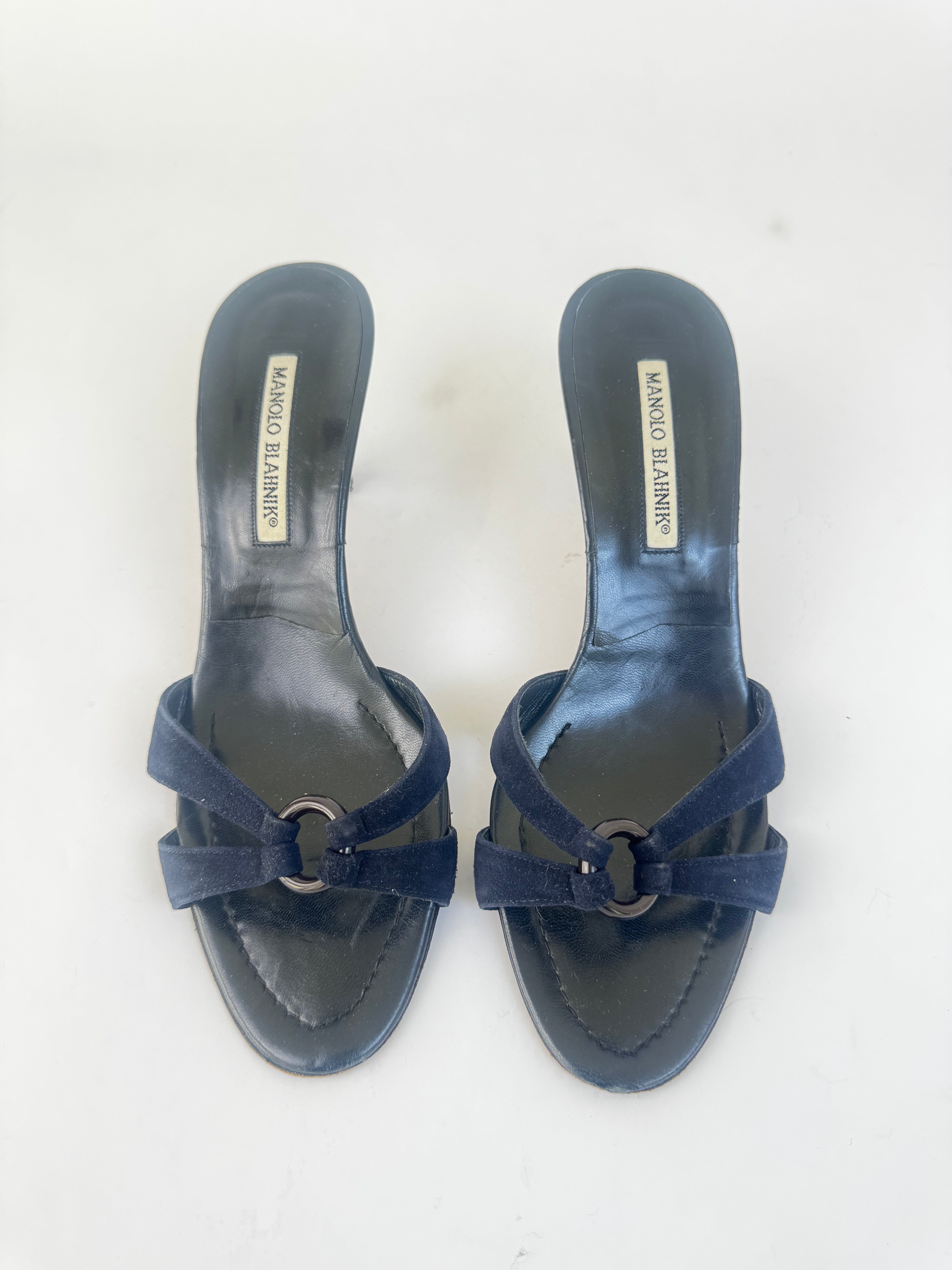 Manolo Blahnik Navy Satin Sandals - 39.5