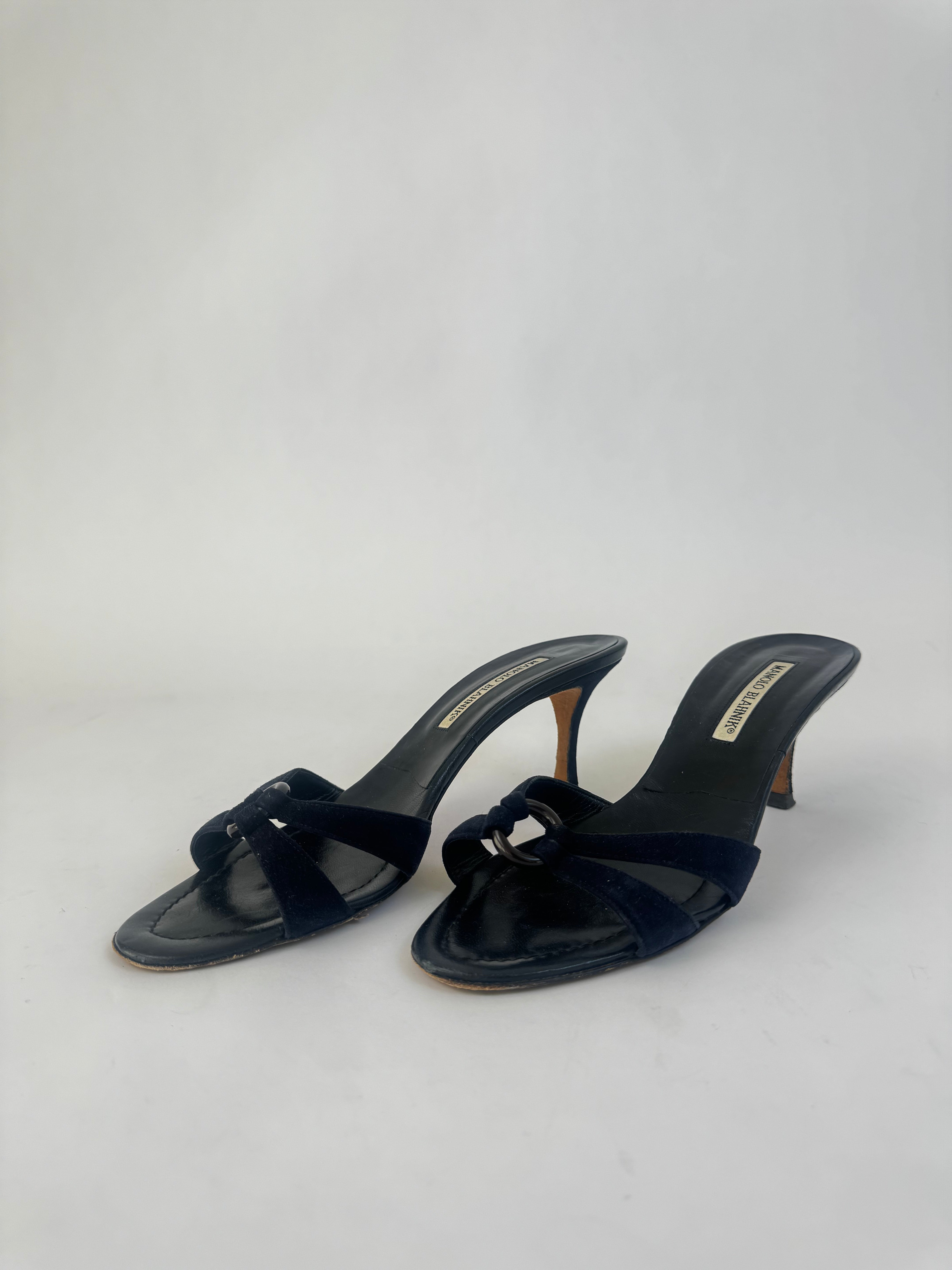 Manolo Blahnik Navy Satin Sandals - 39.5