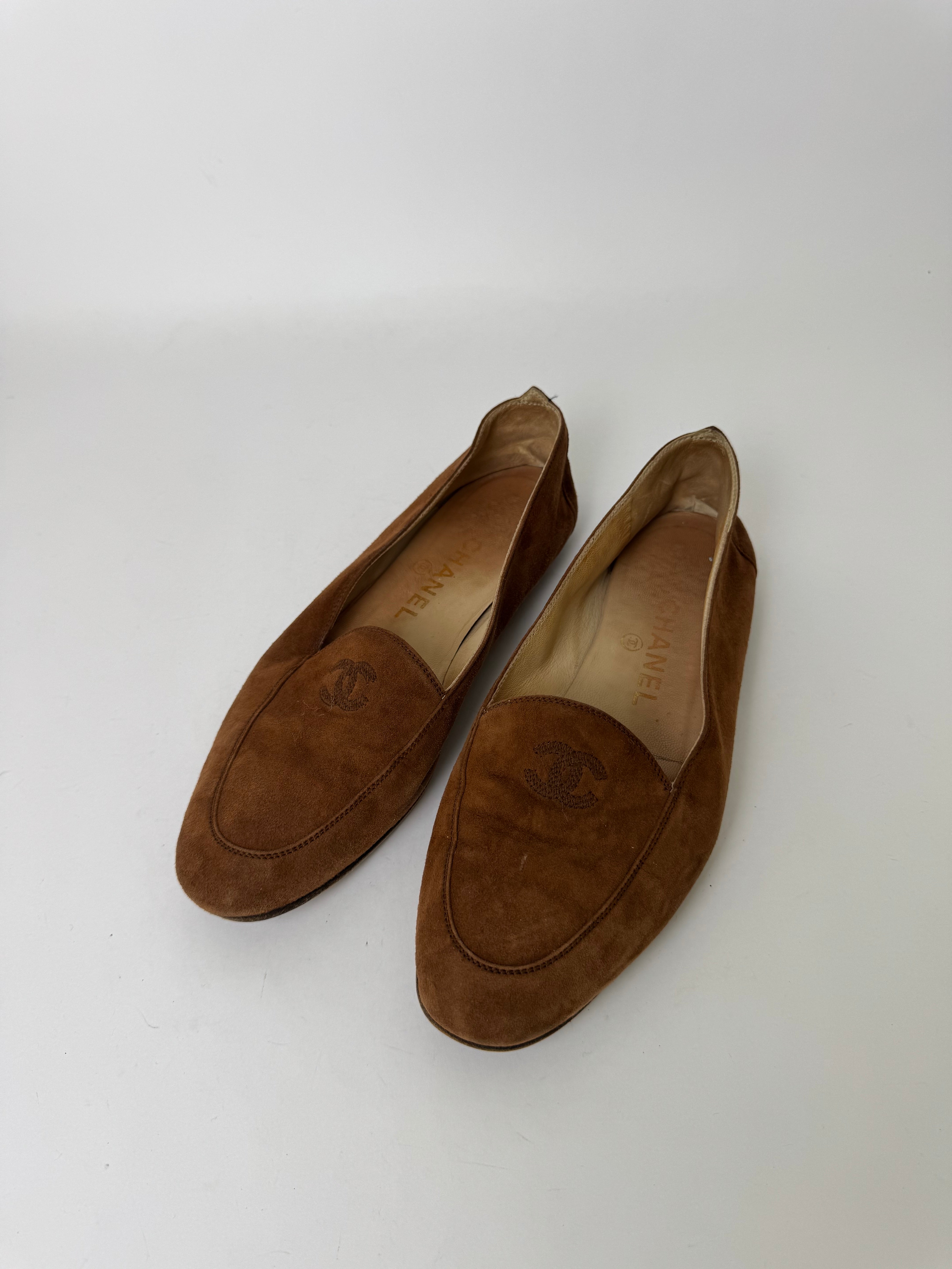 Chanel Vintage Brown Suede Loafers 38.5