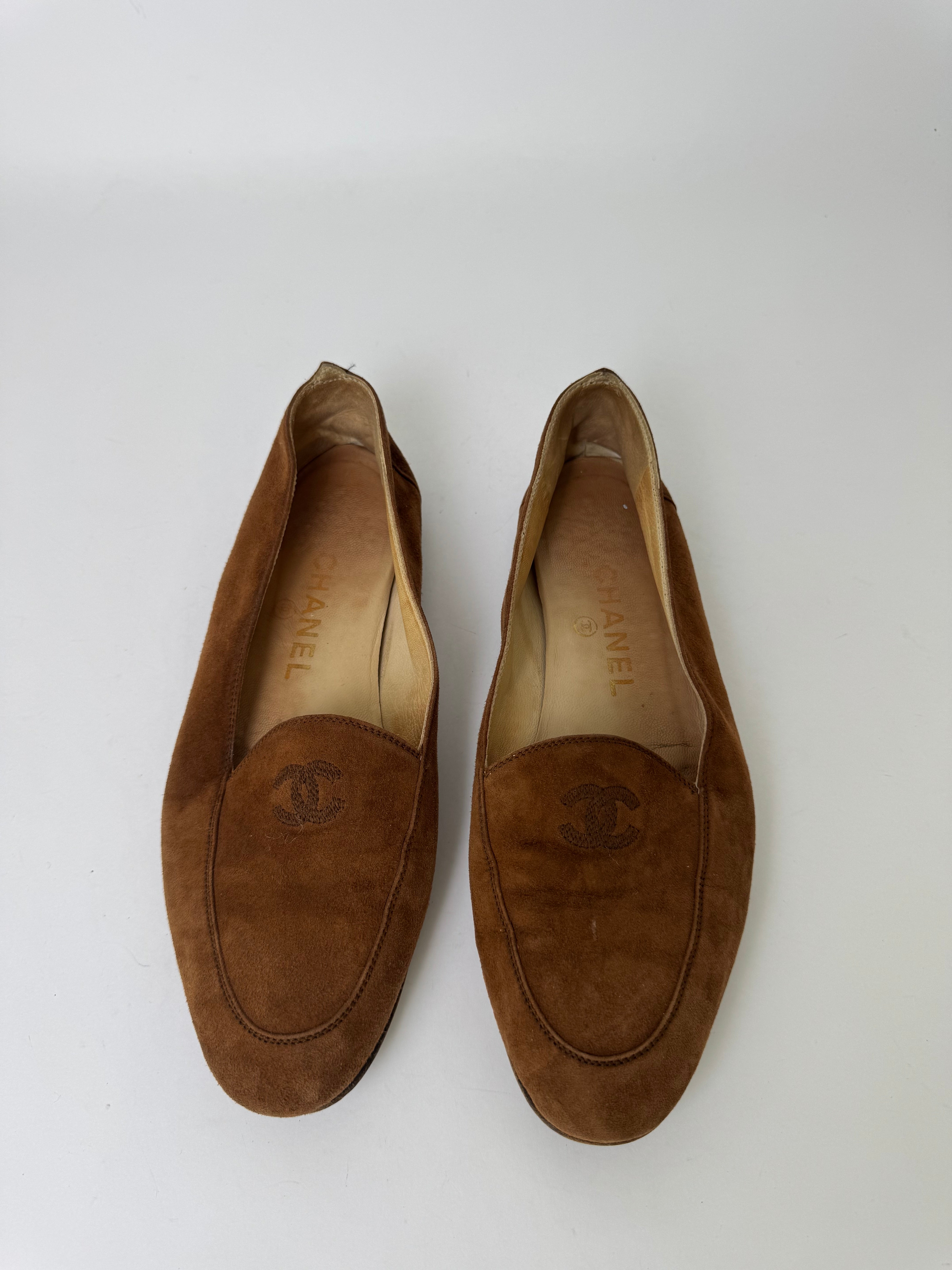 Chanel Vintage Brown Suede Loafers 38.5