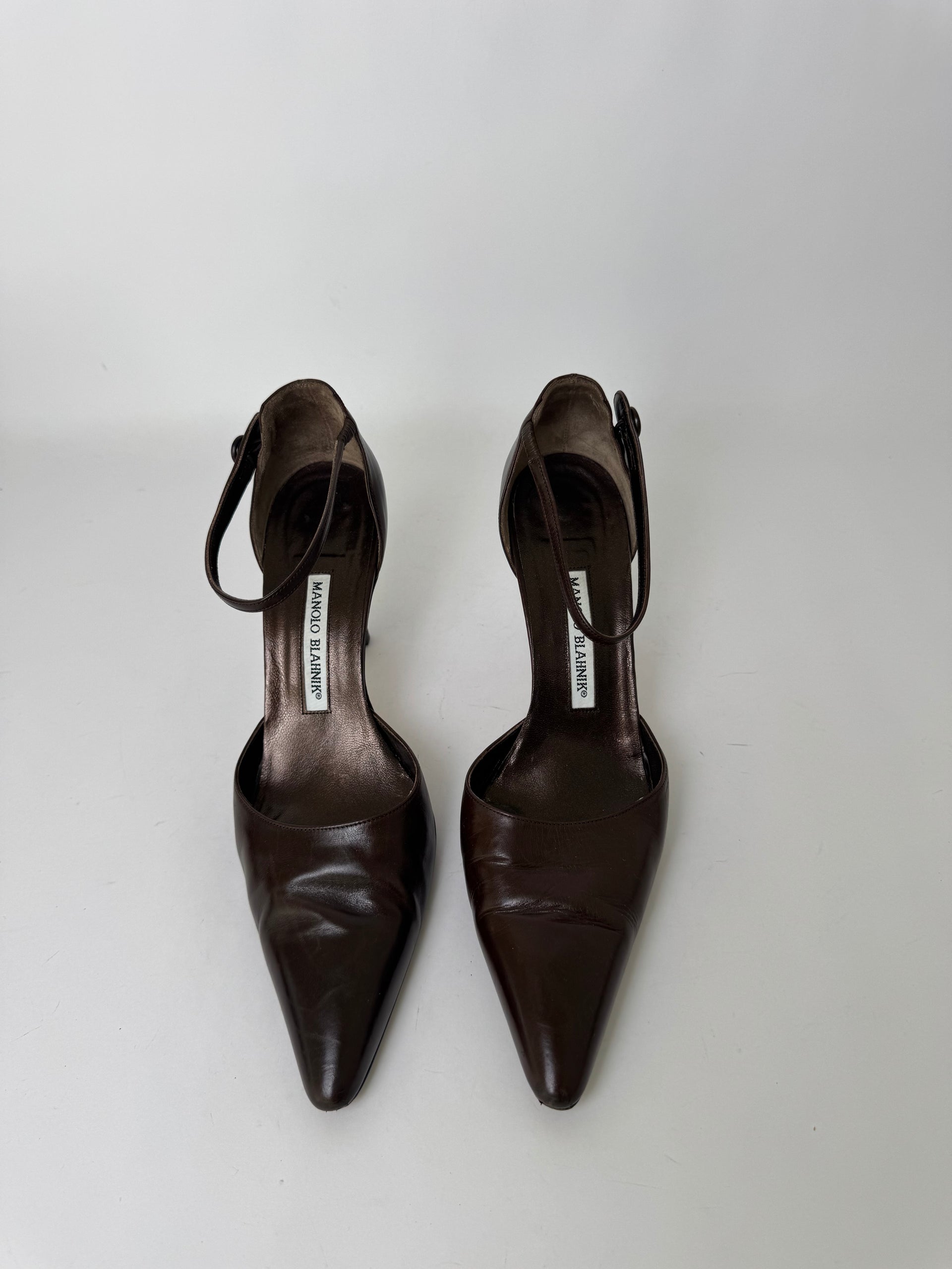 Bottines Cheville Manolo Blahnik Cuir Marron Foncé - Taille 39, Neuf Avec Boîte, Talon Haut, Classiques