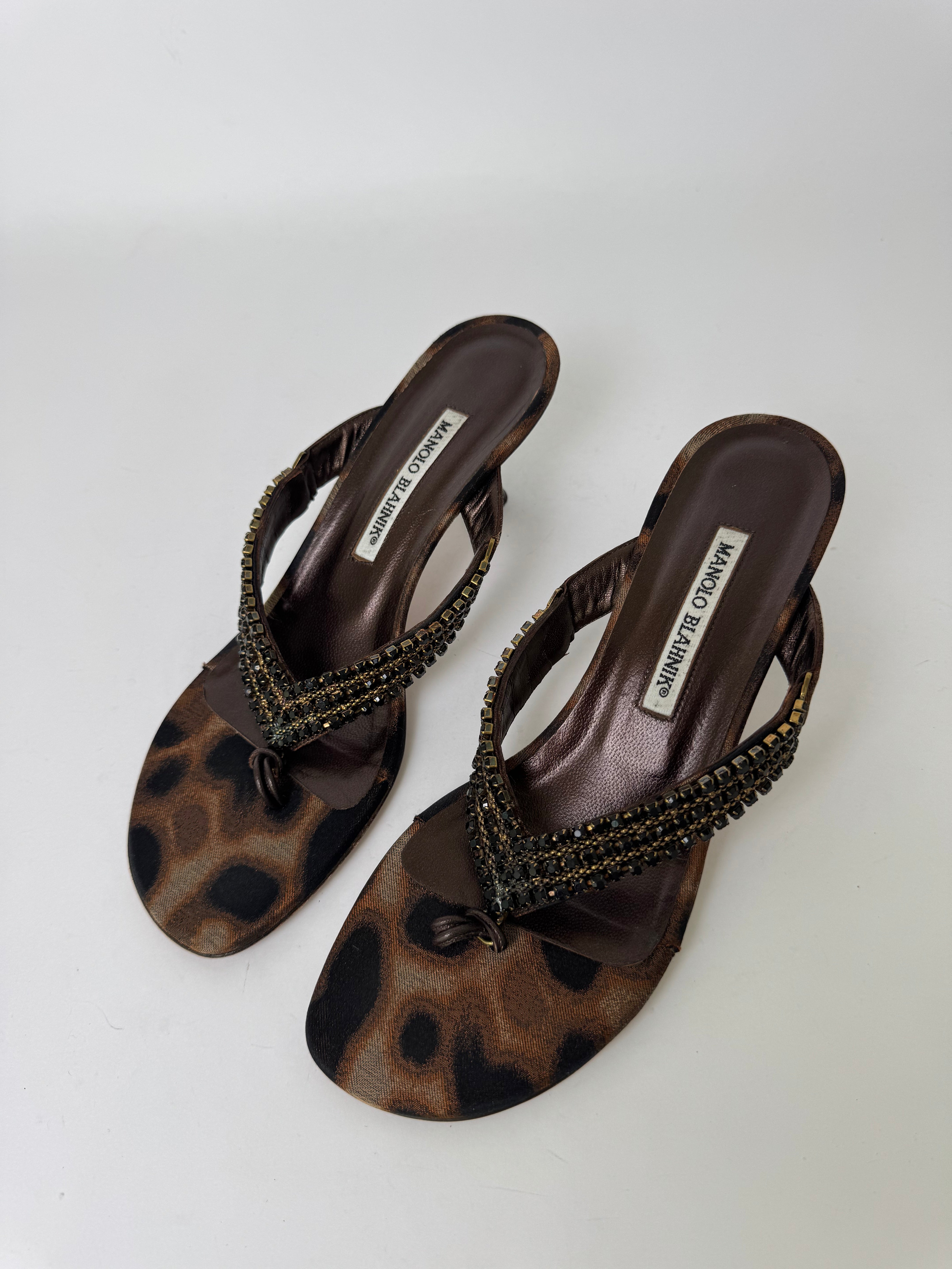 Manolo Blahnik Leopard Beaded Sandals 38