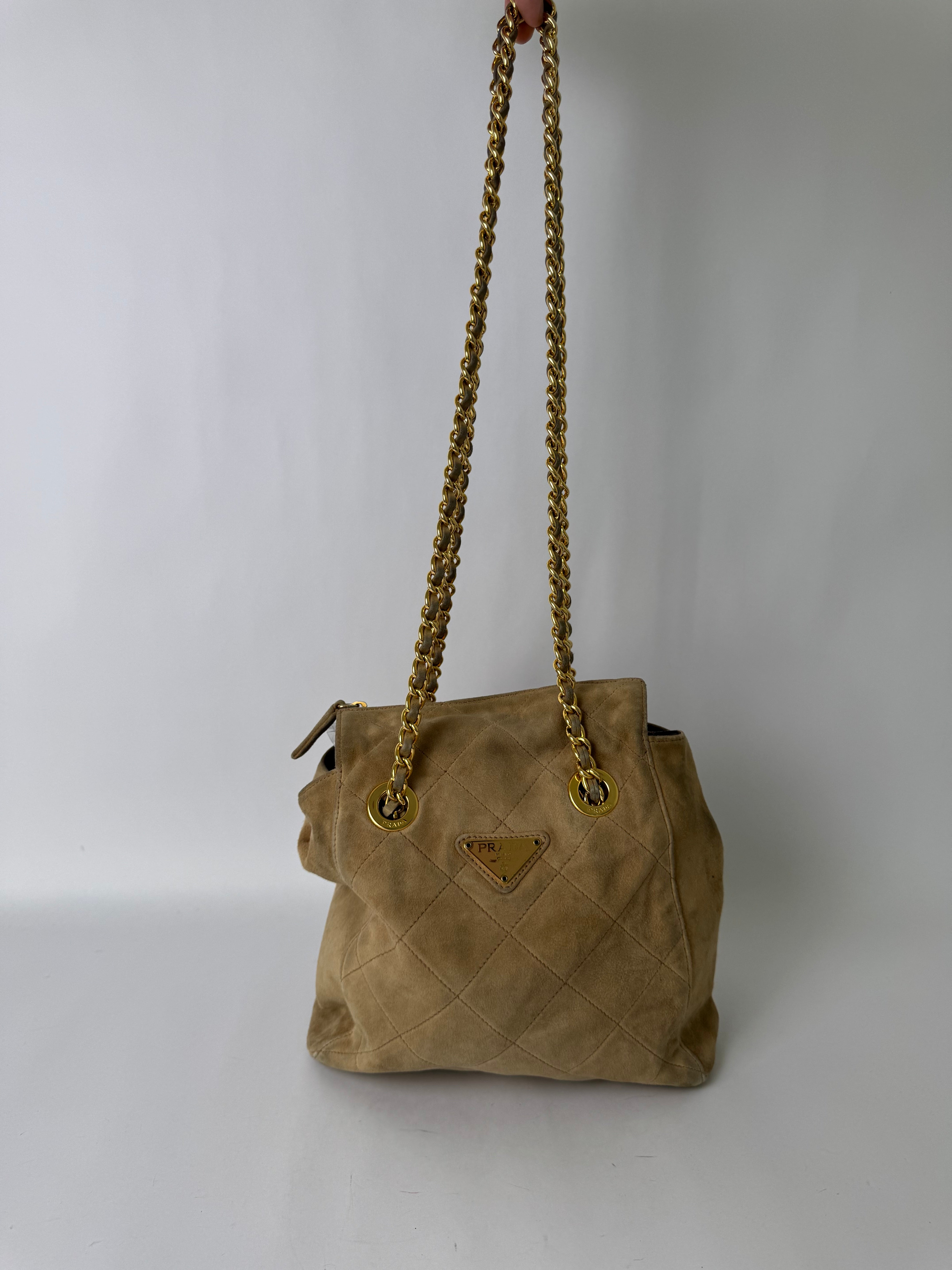 Prada Beige Suede Quilted Chain Shoulder Bag