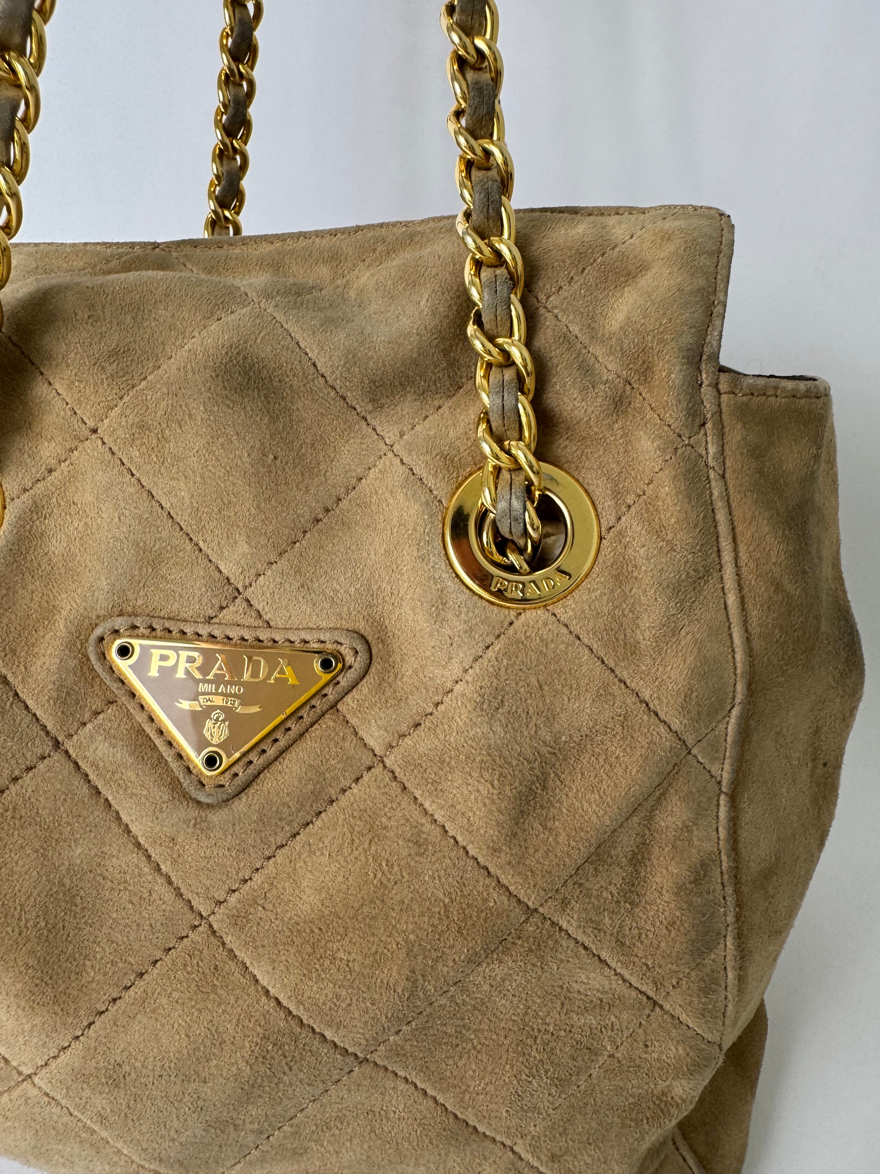 Prada Beige Suede Quilted Chain Shoulder Bag