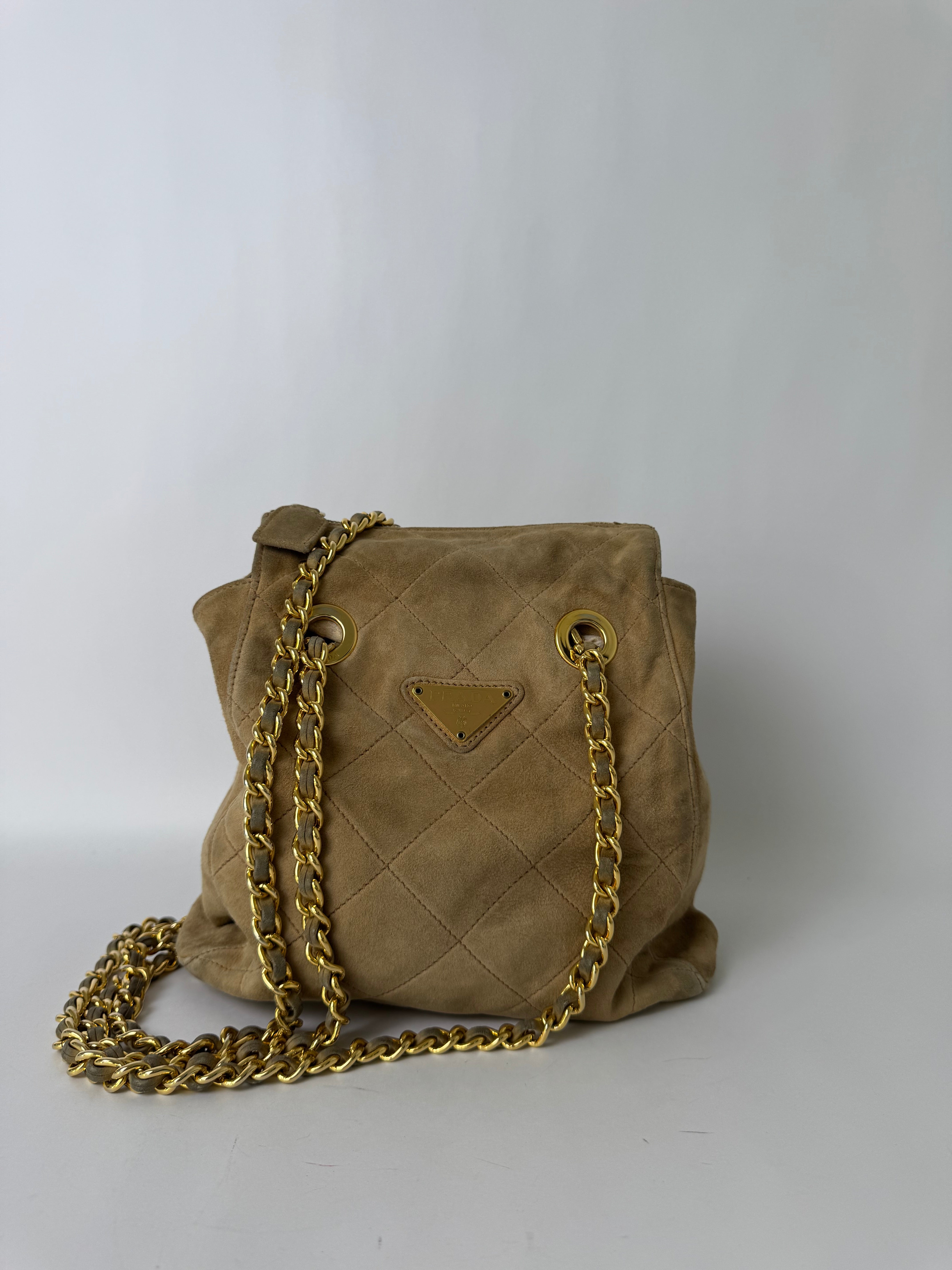 Prada Beige Suede Quilted Chain Shoulder Bag