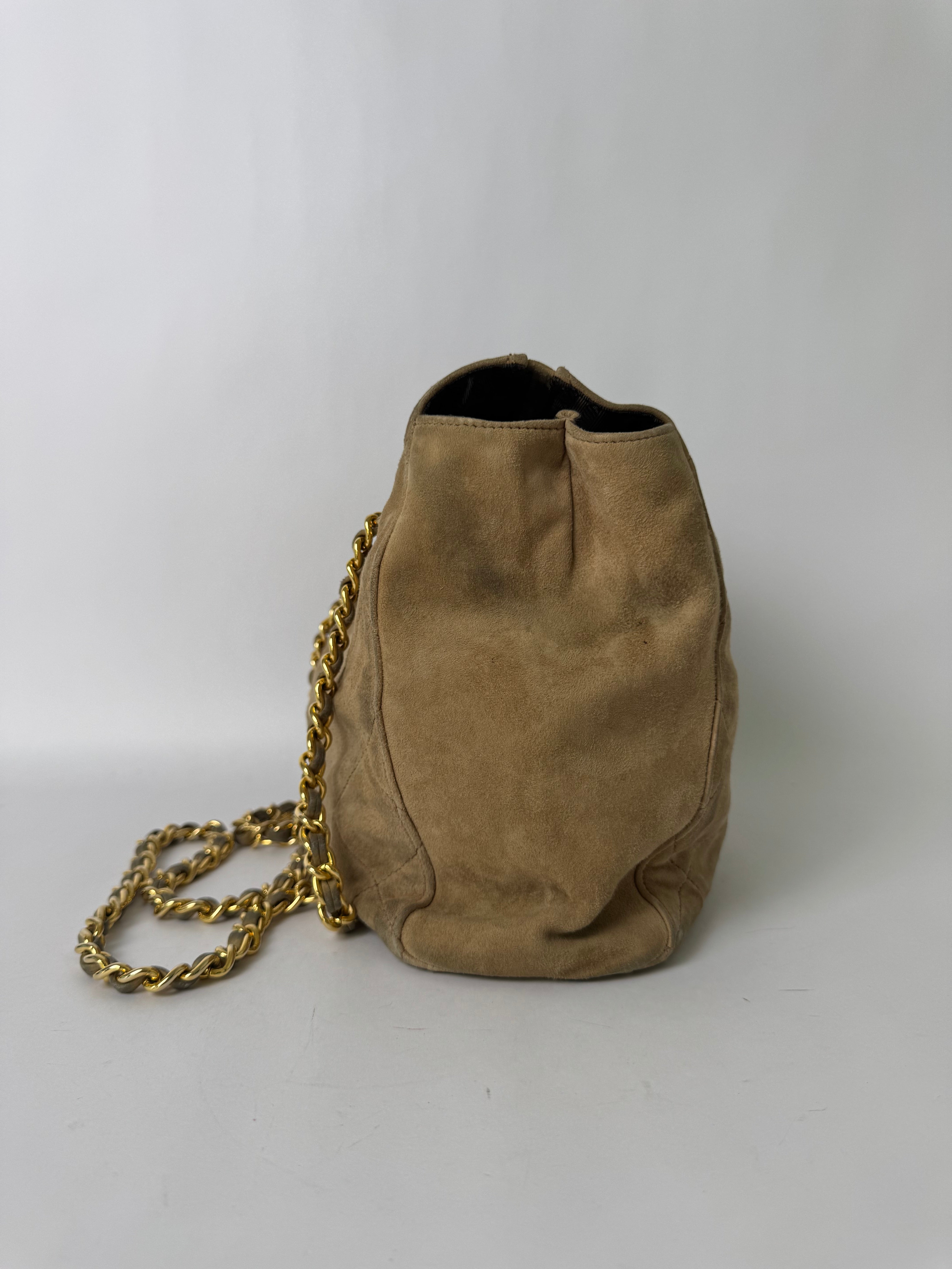 Prada Beige Suede Quilted Chain Shoulder Bag